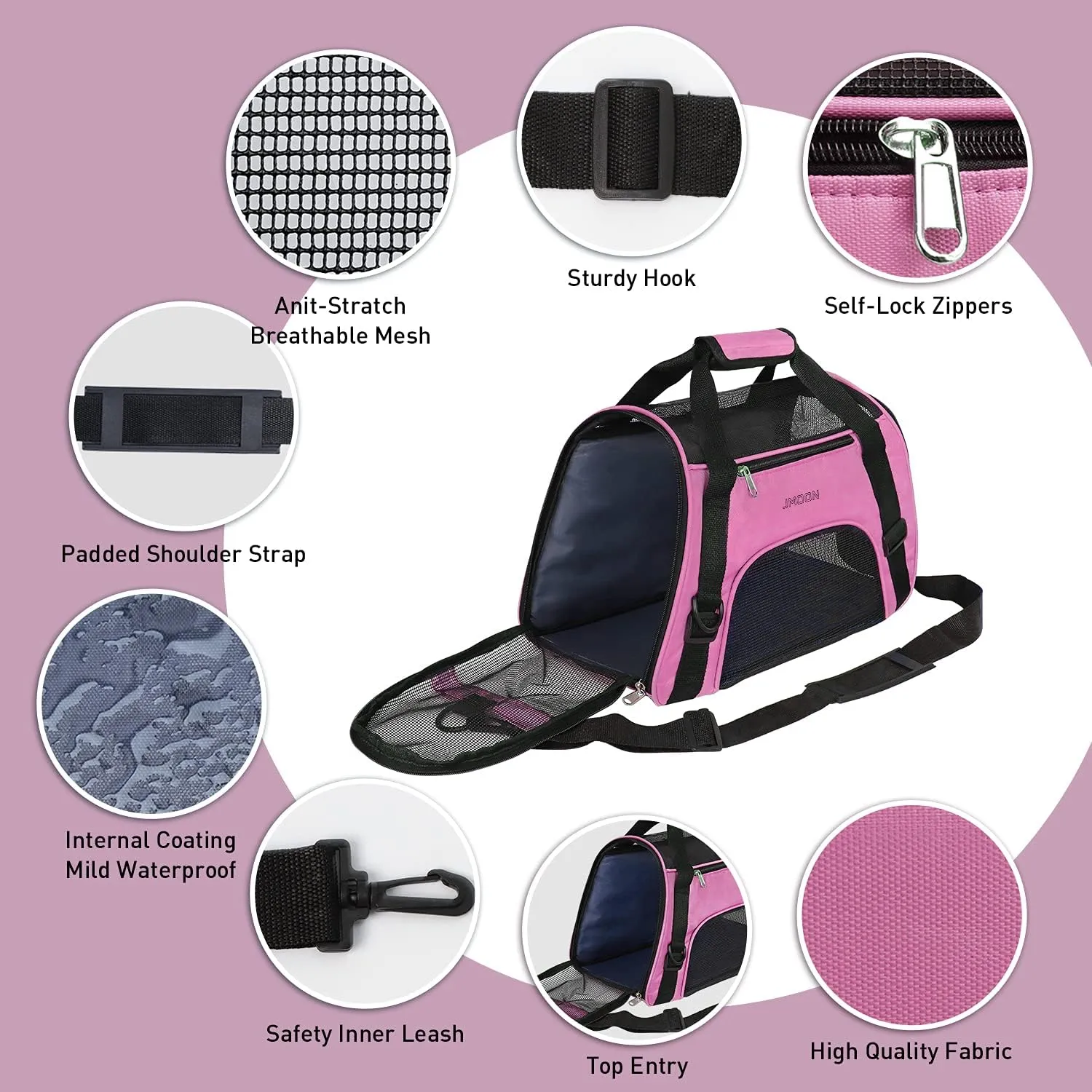 JMOON Cat Carrier Soft-Sided Airline Approved Pet Carrier Bag,Pet Travel Carrier for Cats,Dogs Puppy Comfort Portable Foldable Pet Bag (Medium, Pink)