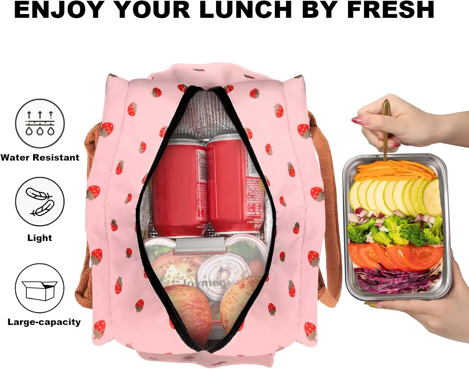 Joymee Lunch Bag Women Insulated Lunch Box Reusable Leakproof Large Spacious Cooler Tote for Women Men Adult with Bottle Holder and Side Pockets for Work Office Travel Picnic - Strawberry Pink