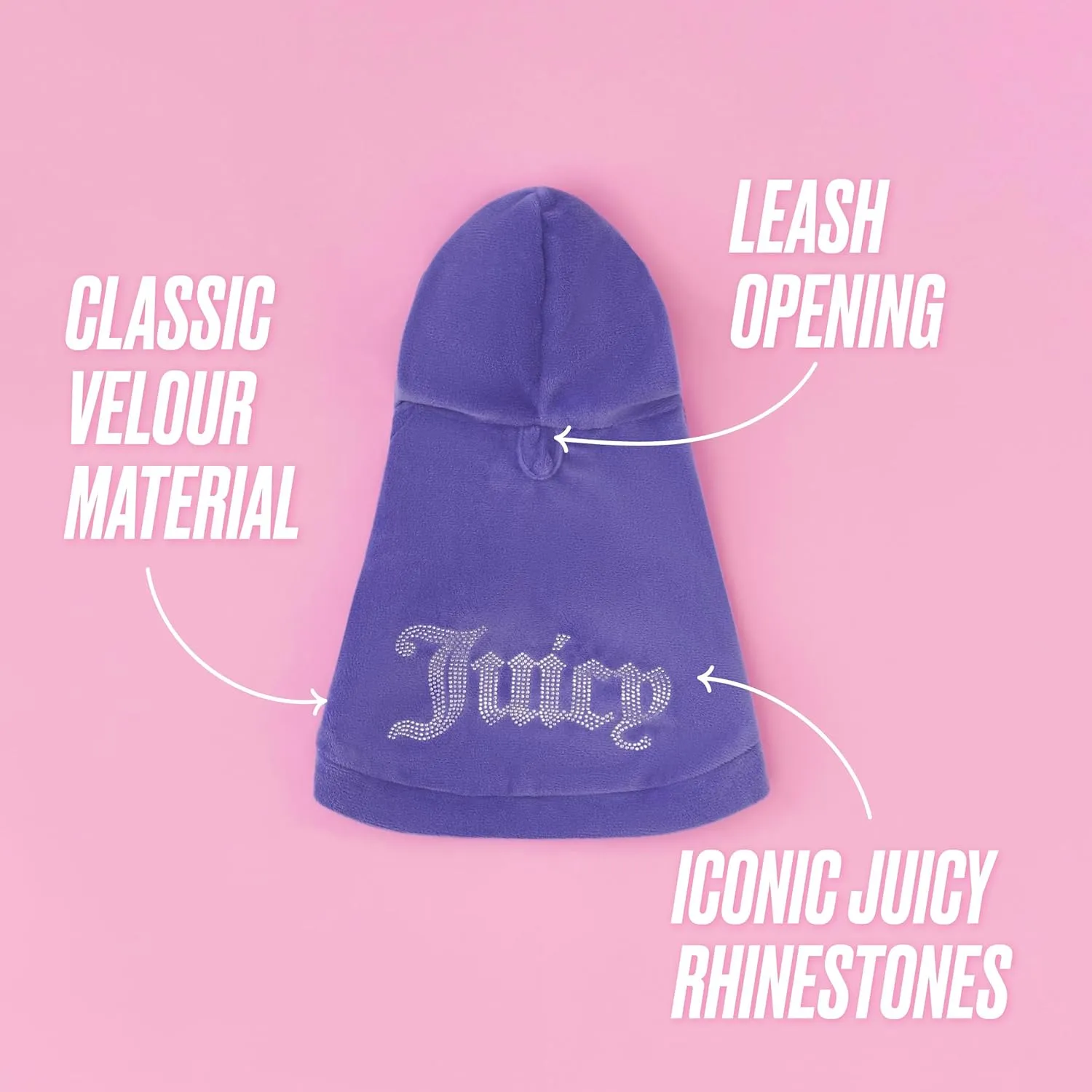 Juicy Couture Bling Velour Pet Hoodie - Royal Purple - M/L (7-12 lbs.) - Pet Hoodies for Small Dogs or Cats