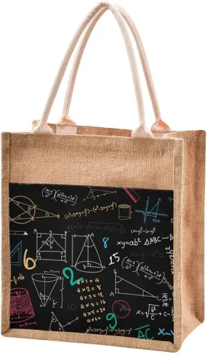 Jute Burlap Tote Bag Math Formula Diagram Education Blackboard Multicolored Large Capacity Reusable Grocery Shopping Storage Bag
