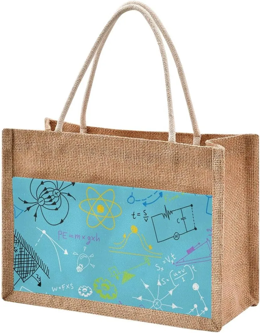 Jute Tote Burlap Bag Blue Physics Formula Scientific Diagram Blackboard Gift Bag Women DIY Work Grocery Storage Bag