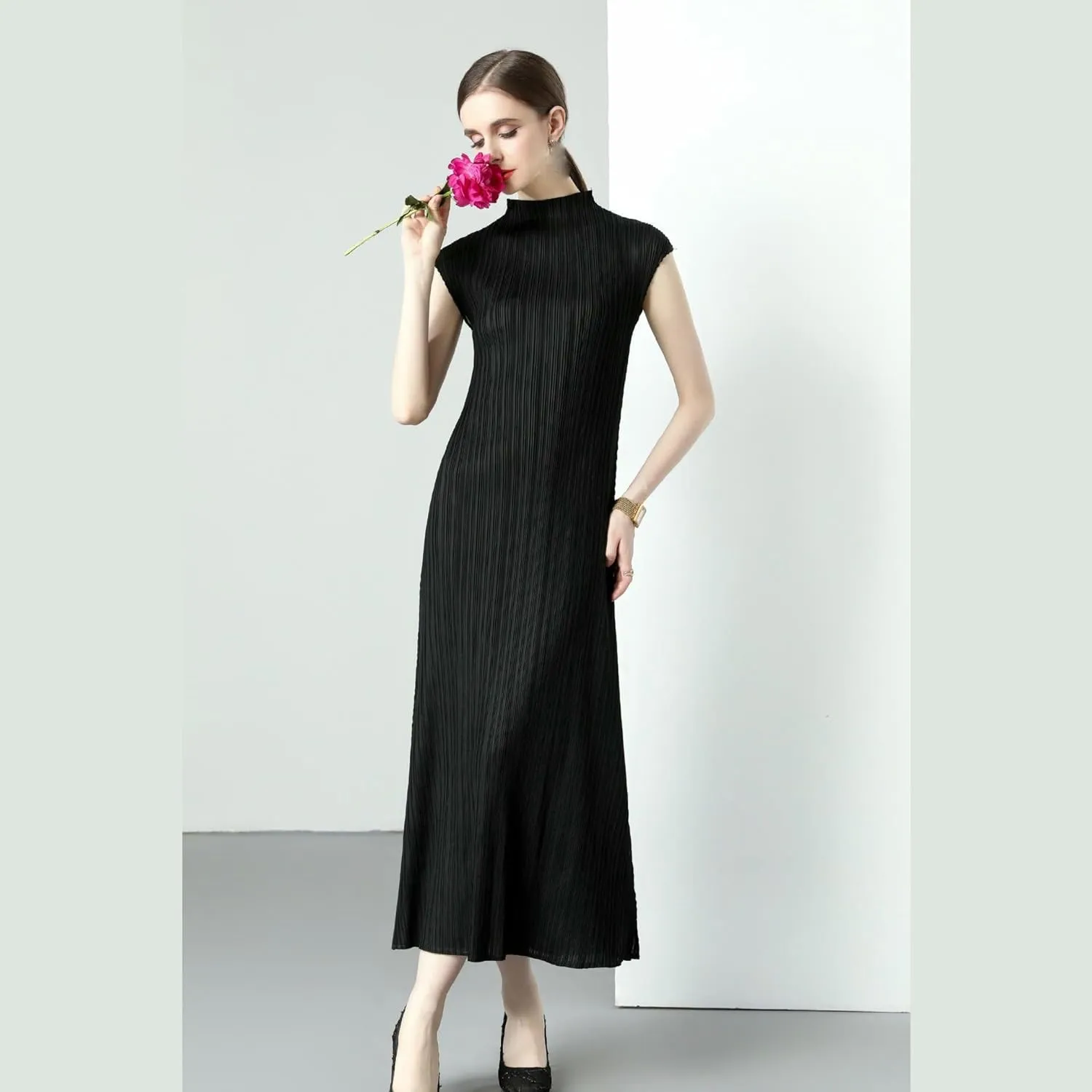 JYHBHMZG Women's Summer Slimming Semi-High Neck Slim-Fit Shoulder-Wrap Pleated Minimalist Long Dress