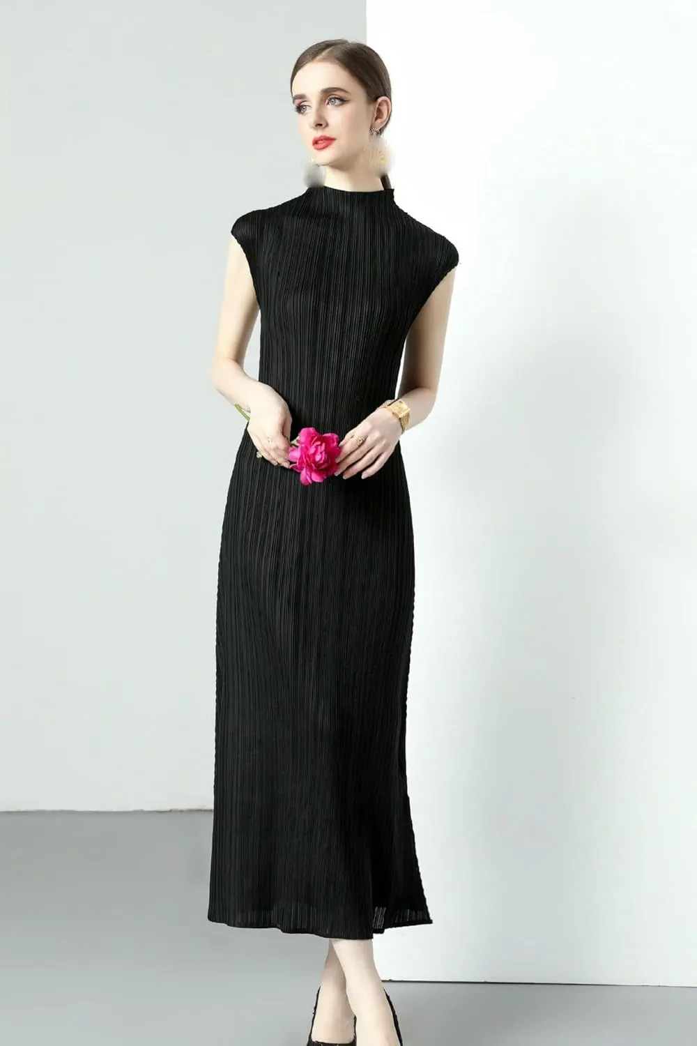 JYHBHMZG Women's Summer Slimming Semi-High Neck Slim-Fit Shoulder-Wrap Pleated Minimalist Long Dress