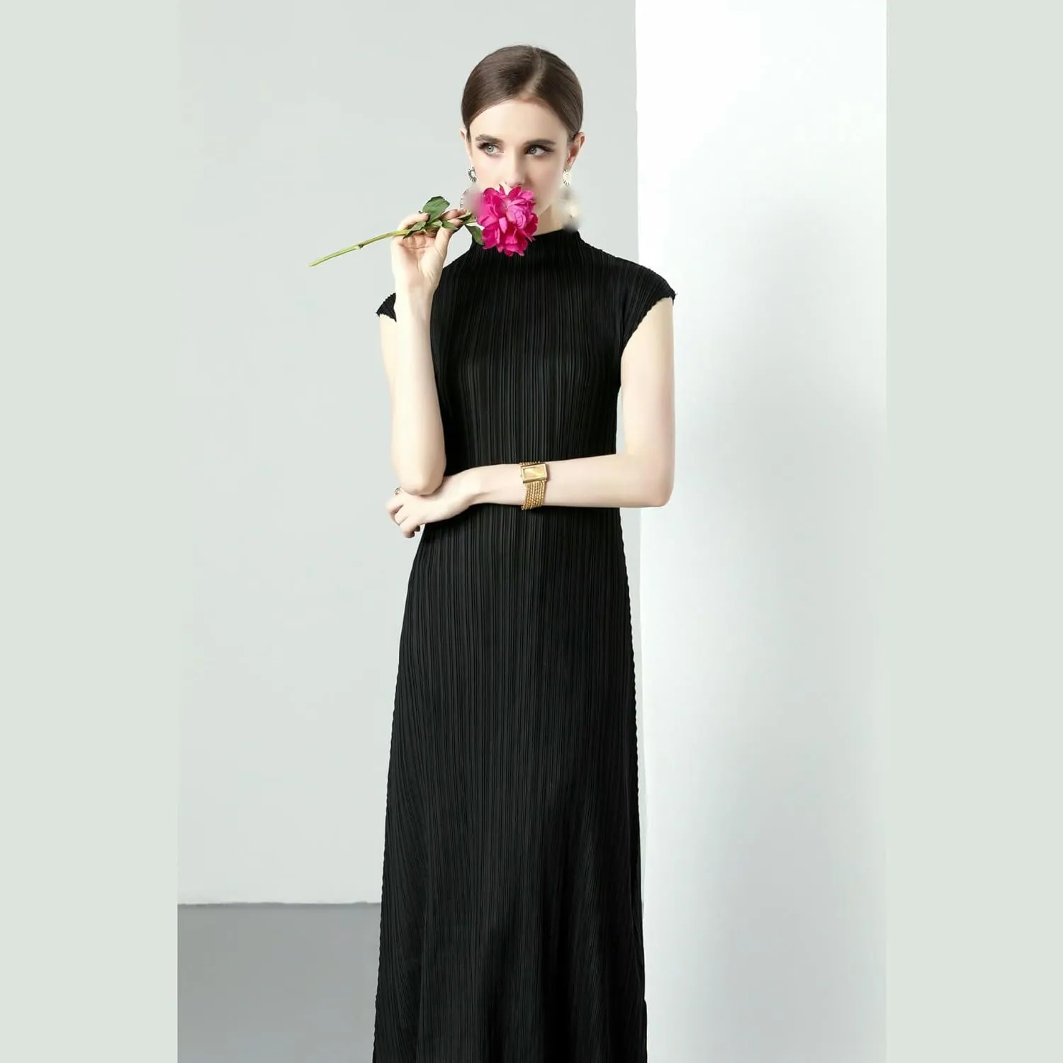 JYHBHMZG Women's Summer Slimming Semi-High Neck Slim-Fit Shoulder-Wrap Pleated Minimalist Long Dress