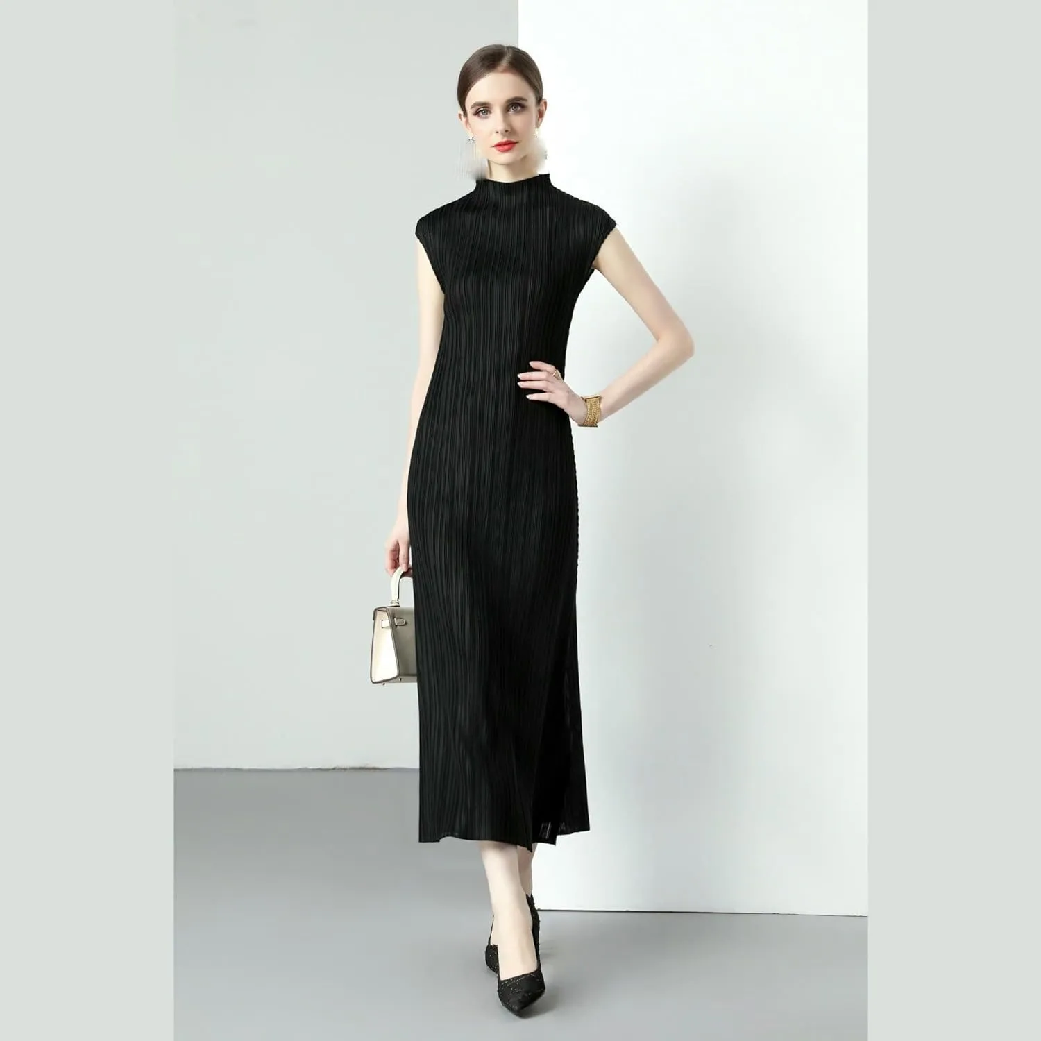 JYHBHMZG Women's Summer Slimming Semi-High Neck Slim-Fit Shoulder-Wrap Pleated Minimalist Long Dress