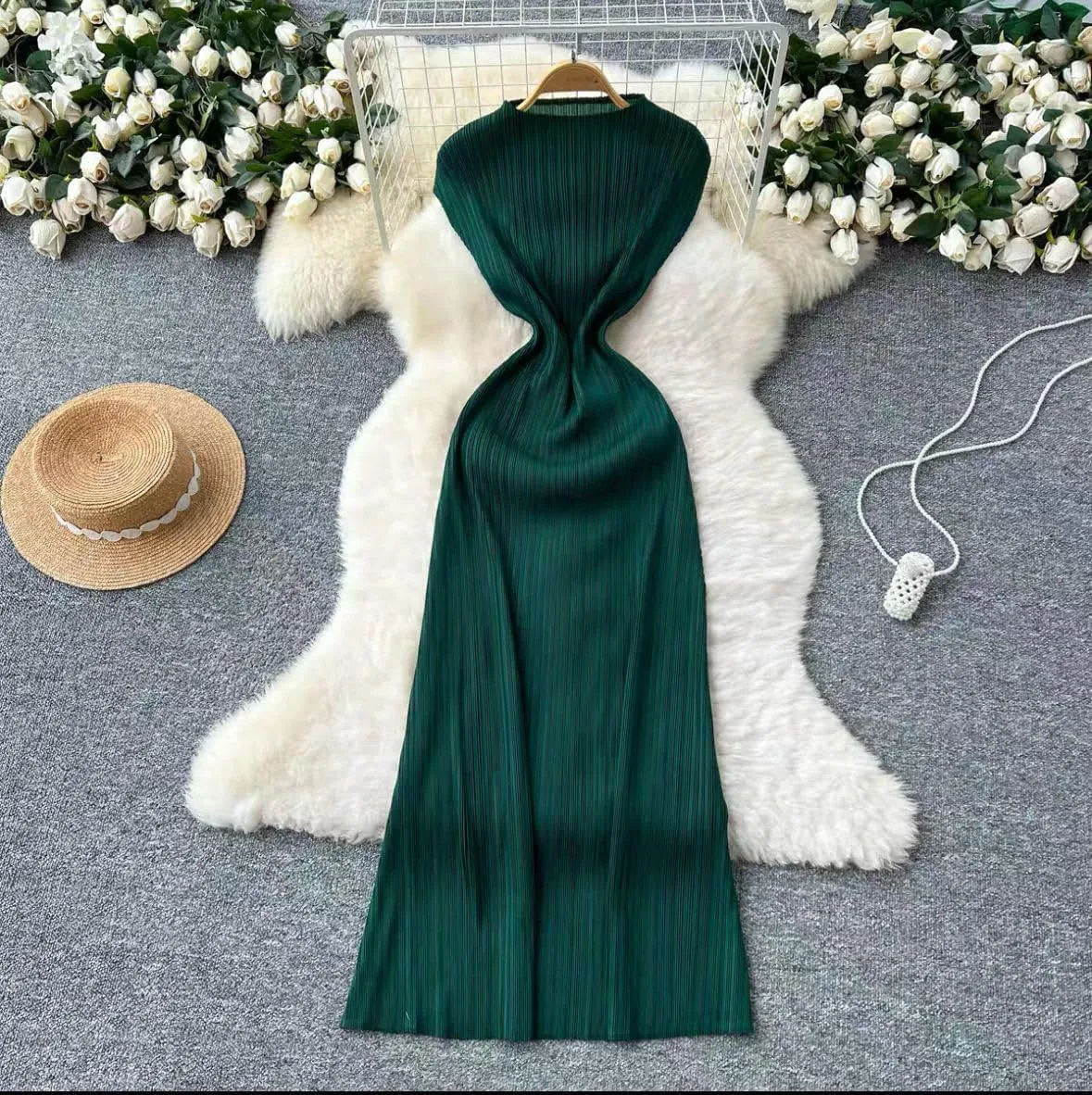 JYHBHMZG Women's Summer Slimming Semi-High Neck Slim-Fit Shoulder-Wrap Pleated Minimalist Long Dress