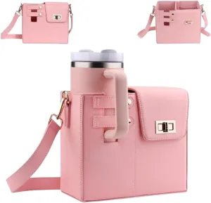 KAIZE Outdoor Portable Crossbody Water Cup Storage Bag,Multifunctional Leather Water Bottle Holder with Adjustable Shoulder Strap,Pink Multifunctional Leather Cup Bag with Storage Pocket for Women