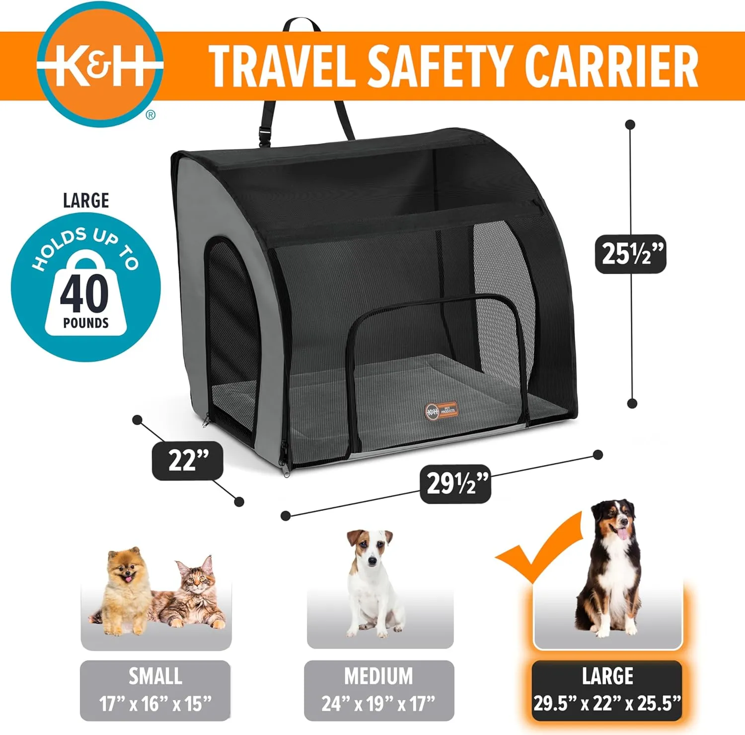 K&H Pet Products Enclosed Large Dog Car Seat, Travel Safety Carrier, Dog Travel Car Seat, Soft-Sided Covered Pet Carrier, Washable Pad, Multiple Entrances, Mesh Windows - Large 29.5 X 22 X 25.5i