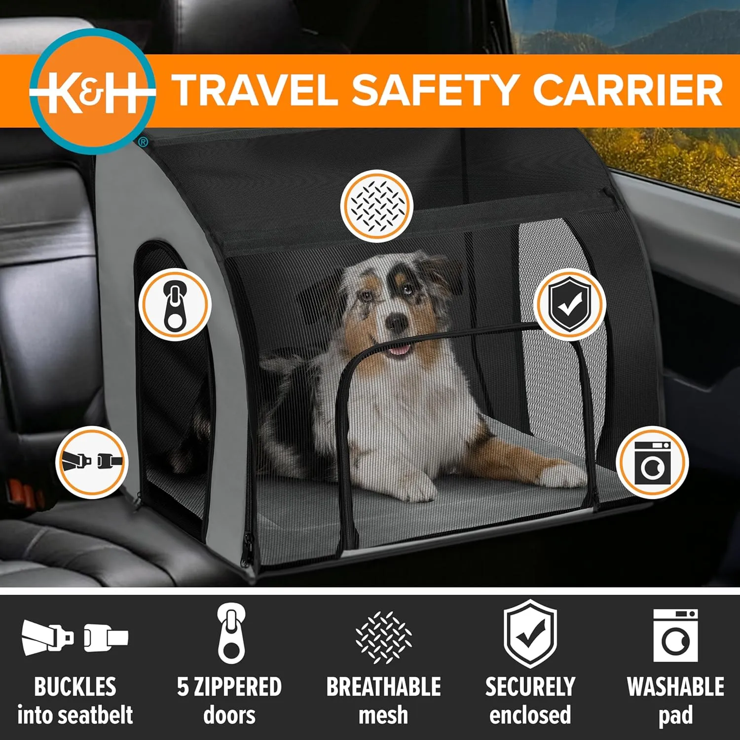 K&H Pet Products Enclosed Large Dog Car Seat, Travel Safety Carrier, Dog Travel Car Seat, Soft-Sided Covered Pet Carrier, Washable Pad, Multiple Entrances, Mesh Windows - Large 29.5 X 22 X 25.5i
