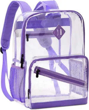 Kasqo Clear Backpack, 15.6 Inch Heavy Duty PVC Transparent Backpack See Through Backpacks for School, College, Sports, Work, Travel, Stadium Approved, Purple