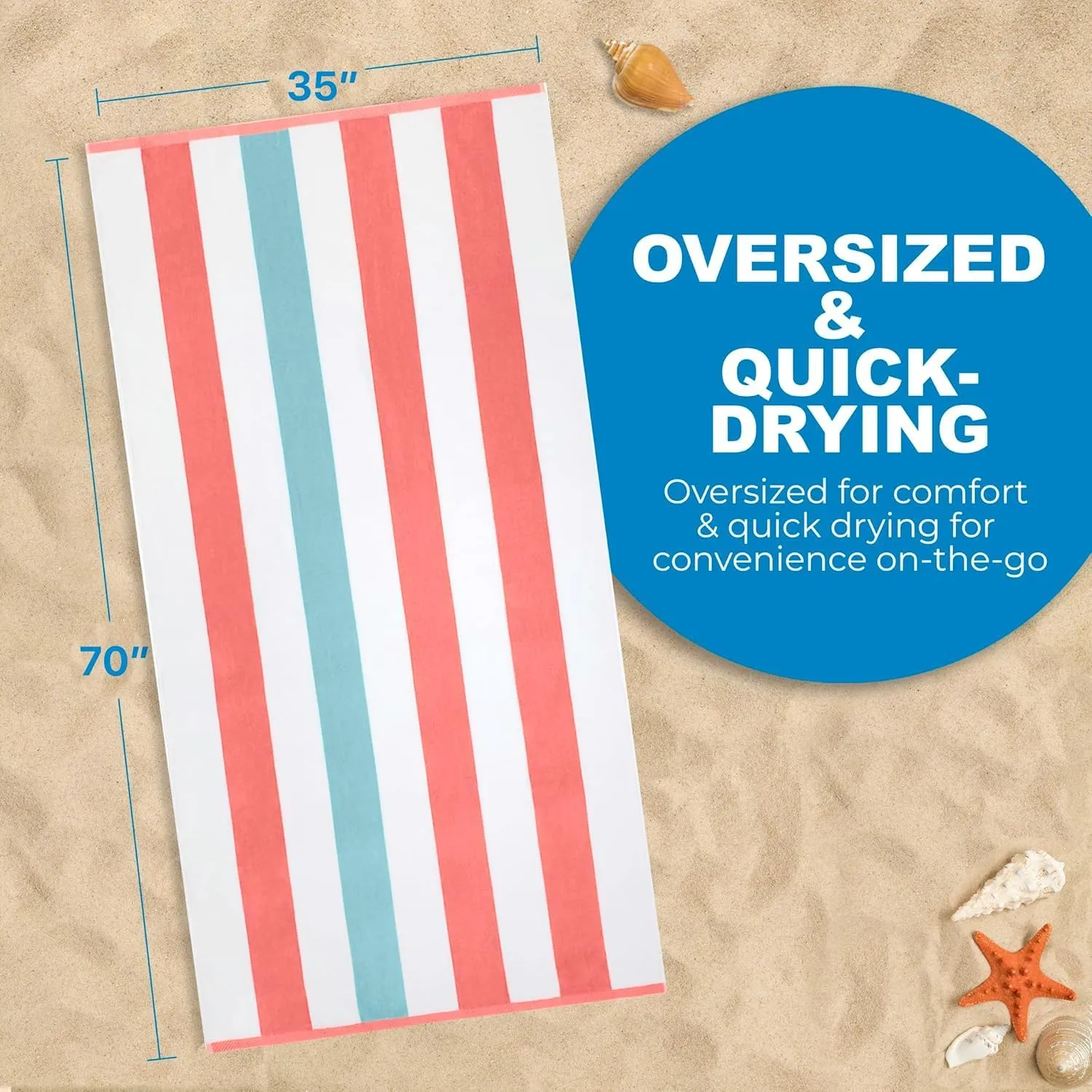 Kaufman - Soft Oversized | 35" x 70" Velour Tonal Striped Beach Towels | Absorbent, Quick-Drying | 100% Cotton Thick Beach Towels (COR-SEA)