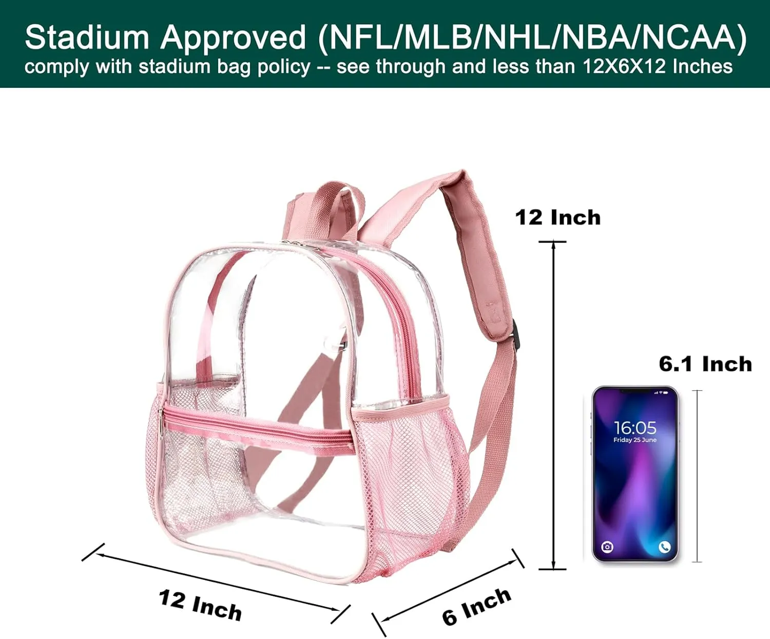 Keepcross Rose Gold 12x6x12 Clear Backpack for Stadium Events,Mini Clear Stadium Bag for Sporting Events Games Festival Concerts,Women Girls