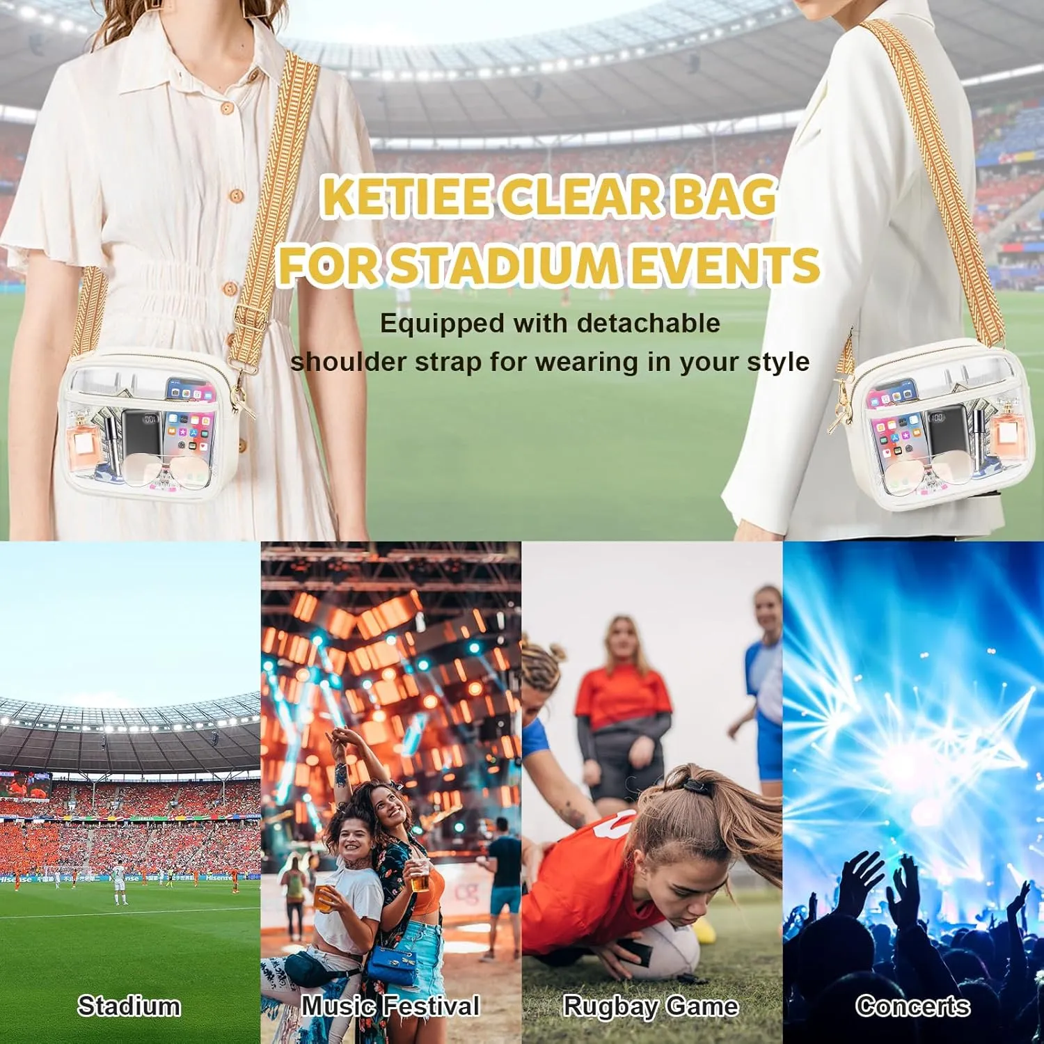KETIEE Clear Crossbody Bag, Stadium Approved Clear Purse Bag for Concerts Sports Events Festivals