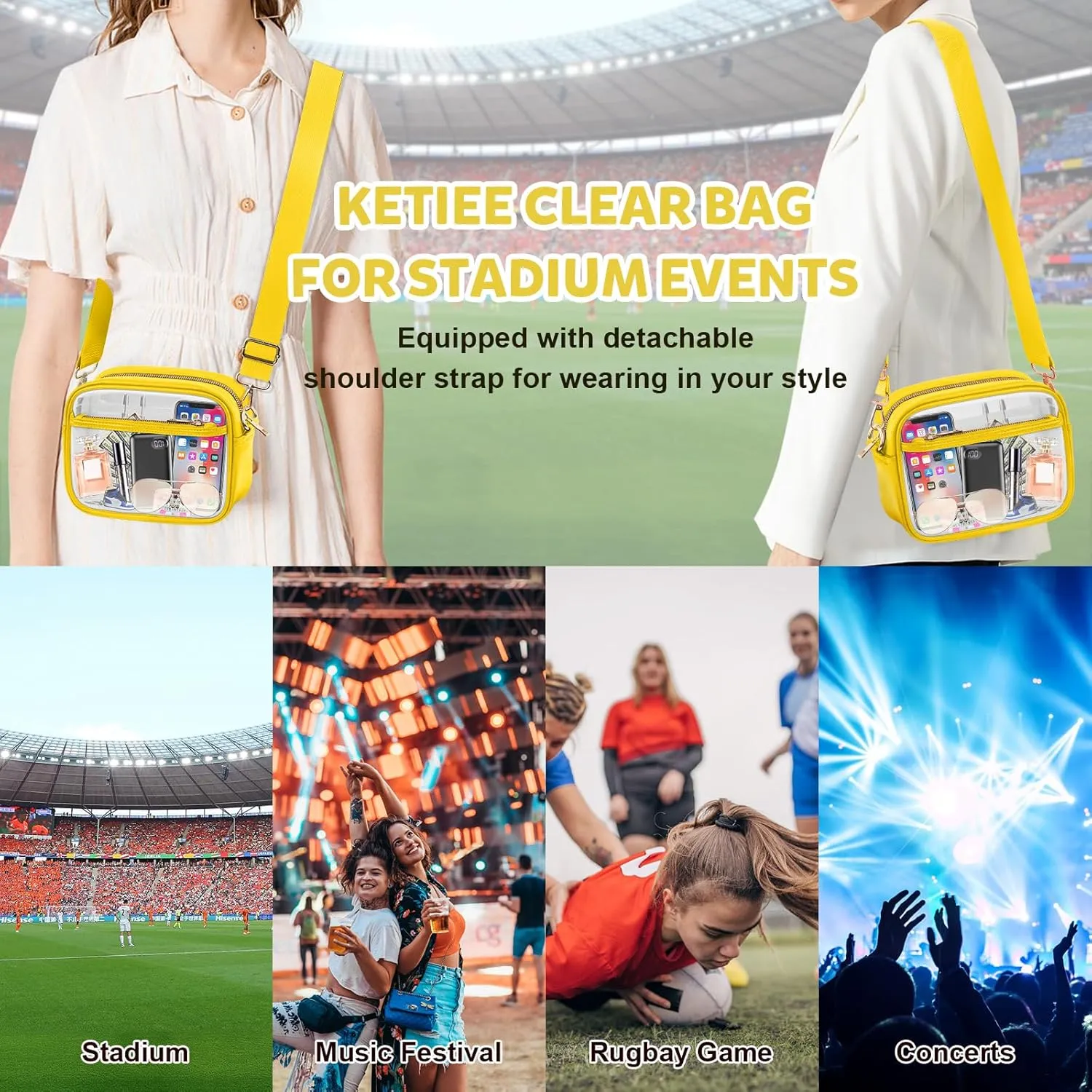KETIEE Clear Crossbody Bag, Stadium Approved Clear Purse Bag for Concerts Sports Events Festivals