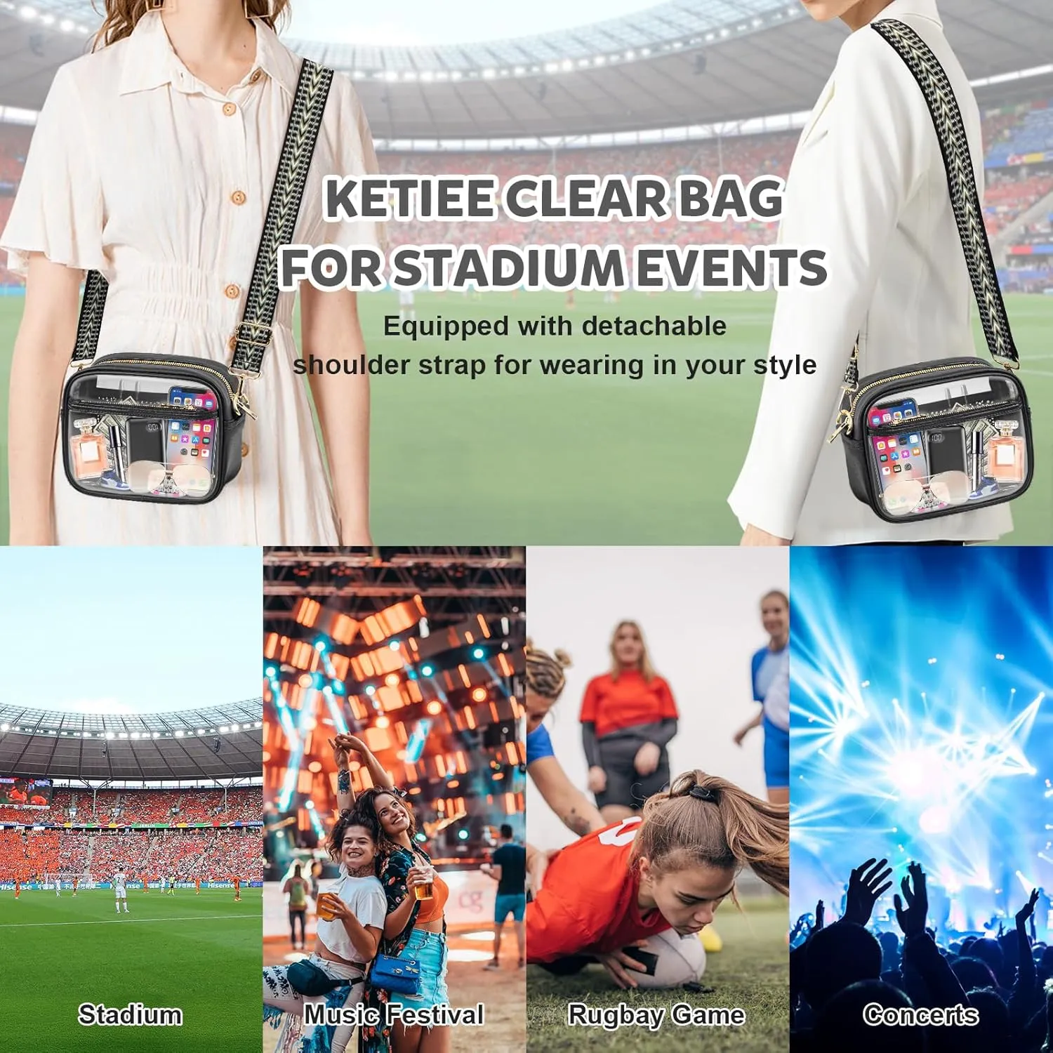 KETIEE Clear Crossbody Bag, Stadium Approved Clear Purse Bag for Concerts Sports Events Festivals