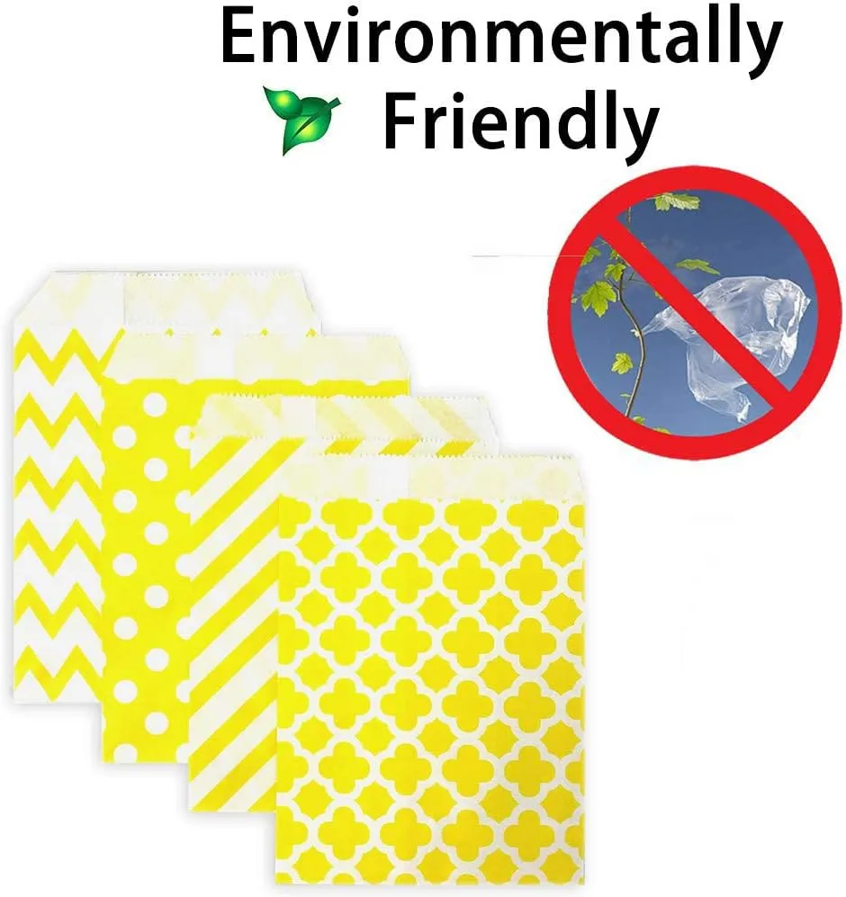 KEYYOOMY 100 Pcs Yellow Candy Buffet Bags Small Cookie Bags Polka Dot Paper Treat Bags for Wedding Birthday Party (5 inch x 7 inch)