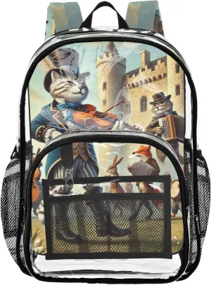 Kids Girls Backpack Boys Funny Cat Musician Print Travel Clear Backpack Floral Plastic Transparent Bookbag