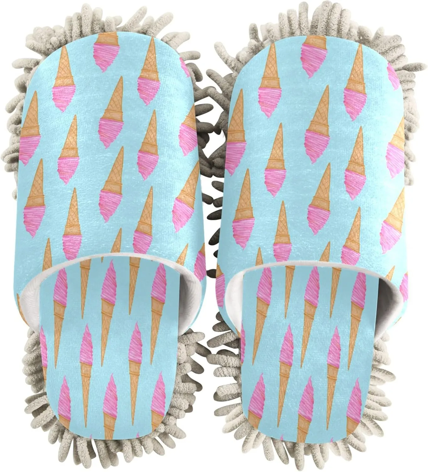 Kigai Ice Cream Cones on Light Blue Mop Slippers for Floor Cleaning, Slippers for Women Men, Microfiber Floor Cleaning, M