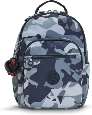 Kipling Women's Seoul Small Backpack, Durable, Padded Shoulder Straps with Tablet Sleeve, Bag, Cool Camo Grey, 10.5''L x 13.75''H x 6.75''D (KI56110HX)