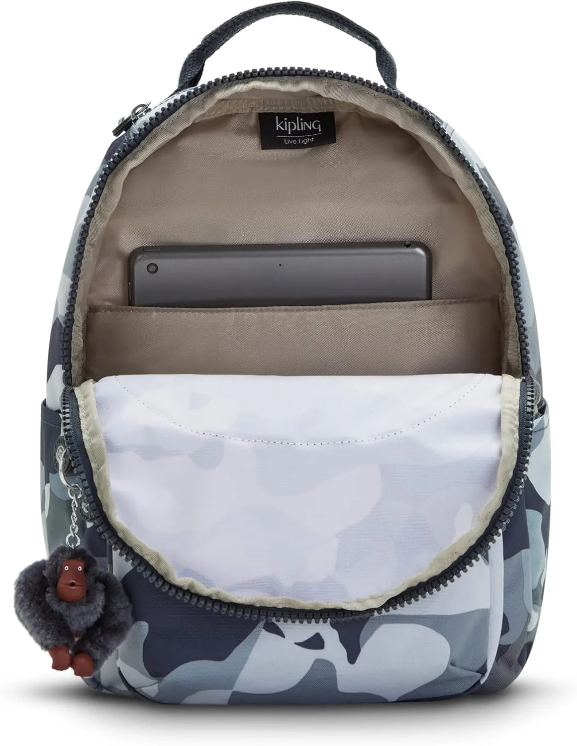 Kipling Women's Seoul Small Backpack, Durable, Padded Shoulder Straps with Tablet Sleeve, Bag, Cool Camo Grey, 10.5''L x 13.75''H x 6.75''D (KI56110HX)