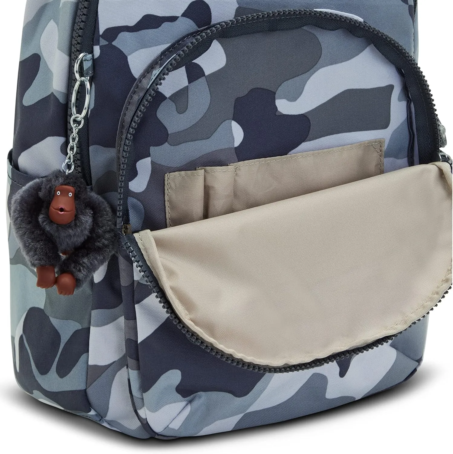 Kipling Women's Seoul Small Backpack, Durable, Padded Shoulder Straps with Tablet Sleeve, Bag, Cool Camo Grey, 10.5''L x 13.75''H x 6.75''D (KI56110HX)
