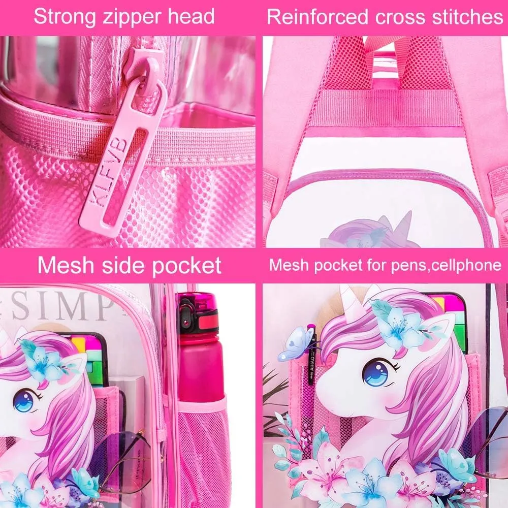 KLFVB 3PCS Clear Backpack for Girls and Boys, Kids See Through Backpacks Stadium Approved, Transparent Bookbag for Elementary