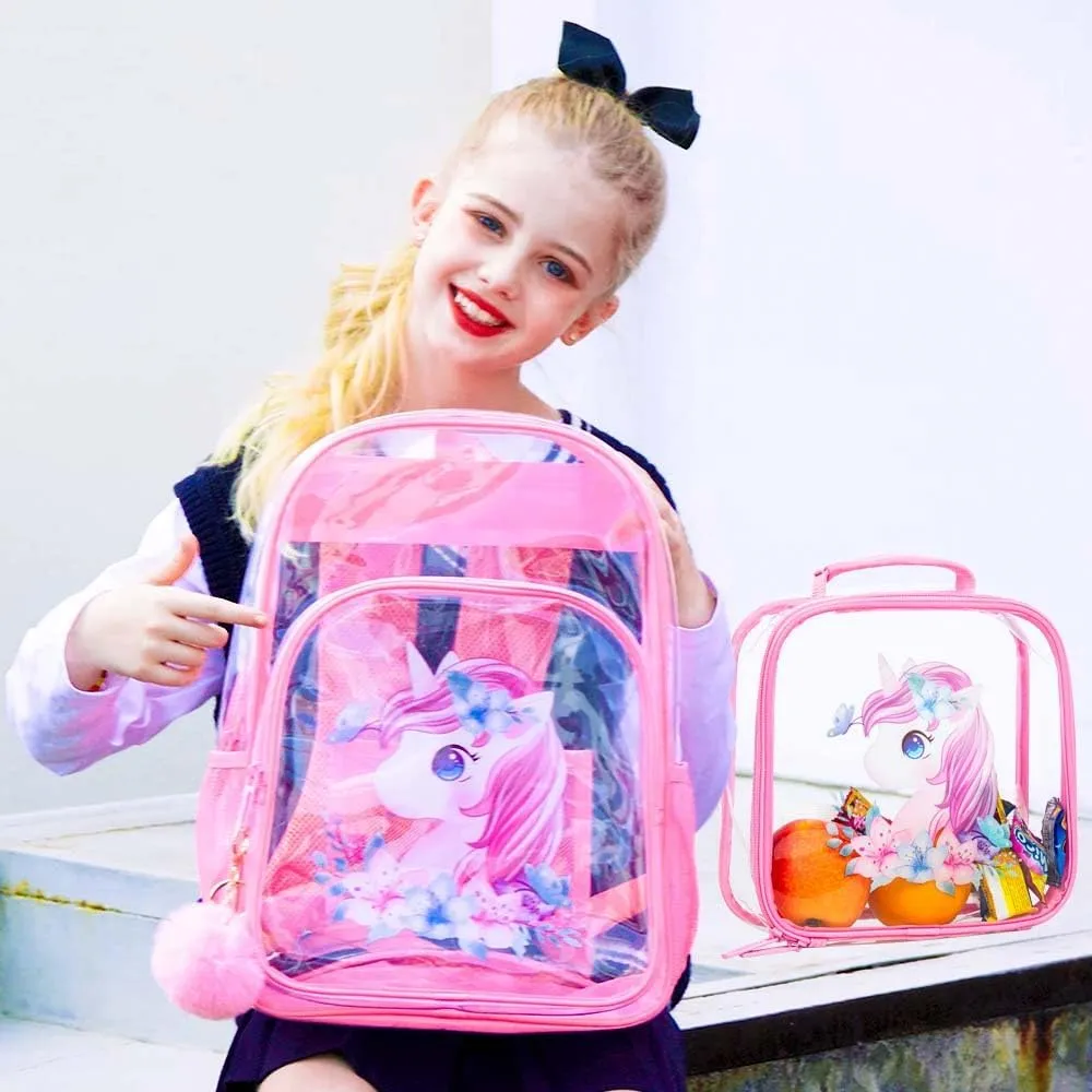 KLFVB 3PCS Clear Backpack for Girls and Boys, Kids See Through Backpacks Stadium Approved, Transparent Bookbag for Elementary