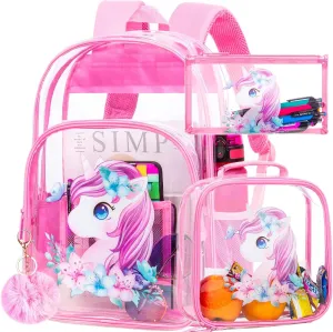 KLFVB 3PCS Clear Backpack for Girls and Boys, Kids See Through Backpacks Stadium Approved, Transparent Bookbag for Elementary