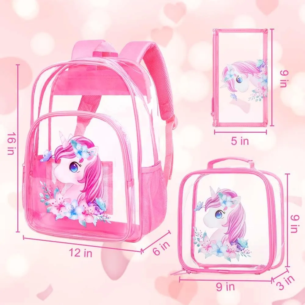 KLFVB 3PCS Clear Backpack for Girls and Boys, Kids See Through Backpacks Stadium Approved, Transparent Bookbag for Elementary