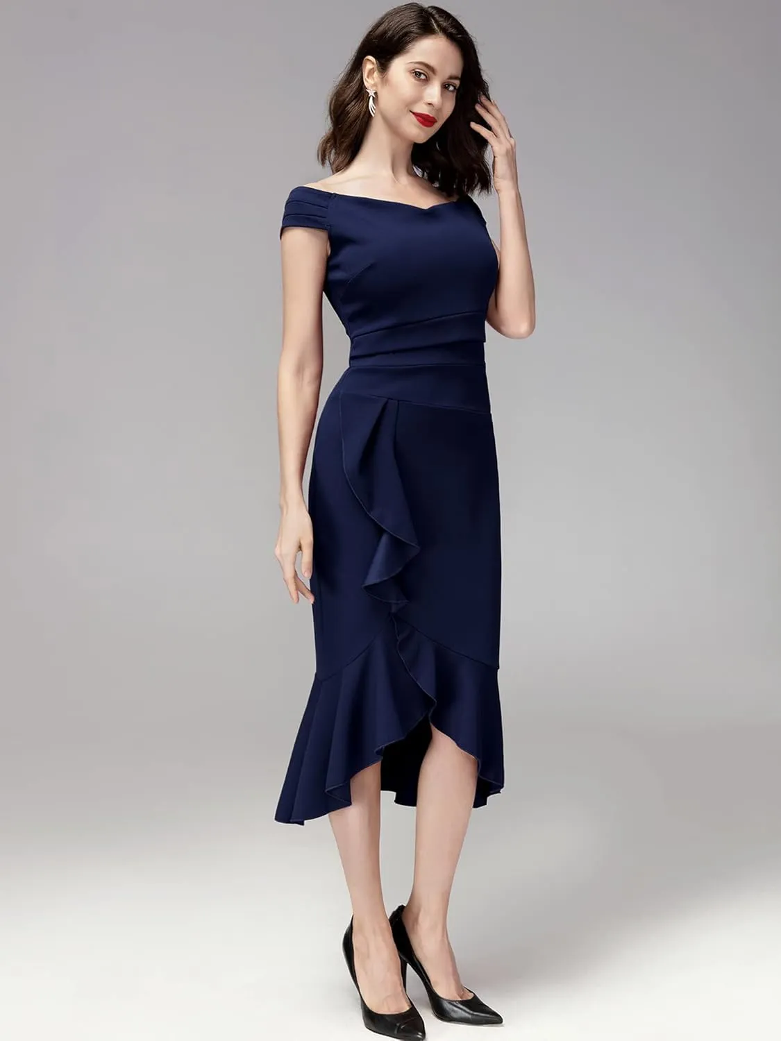 Knitee Women's Off Shoulder V-Neck Ruffle Pleat Waist Bodycon Evening Cocktail Slit Formal Dress
