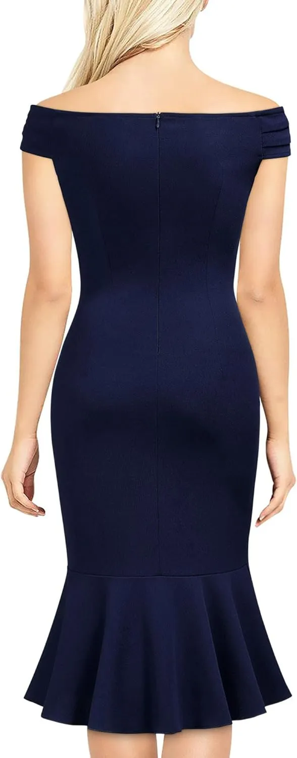 Knitee Women's Off Shoulder V-Neck Ruffle Pleat Waist Bodycon Evening Cocktail Slit Formal Dress