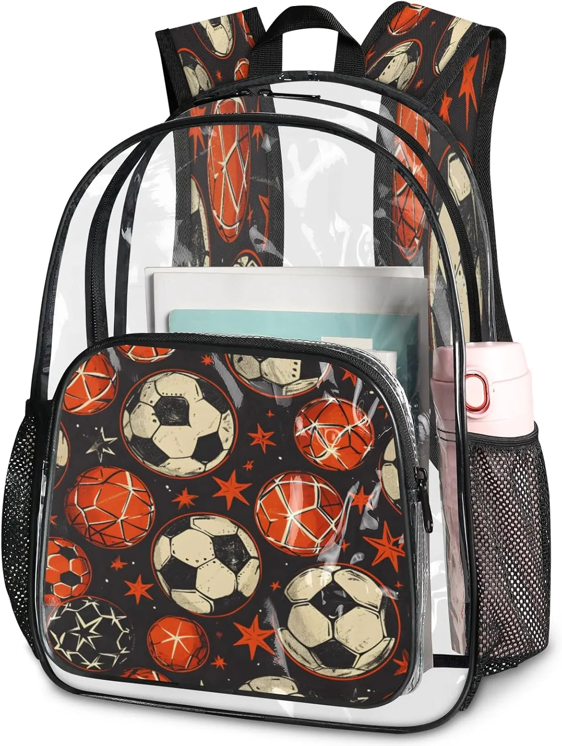 KOBLEN Ball Star Dark Pattern 14.2 Inch Clear Backpack, Heavy Duty Transparent PVC Daypack with Adjustable Padded Straps, Large Capacity Clear Bag for Festival, Concerts, Travel