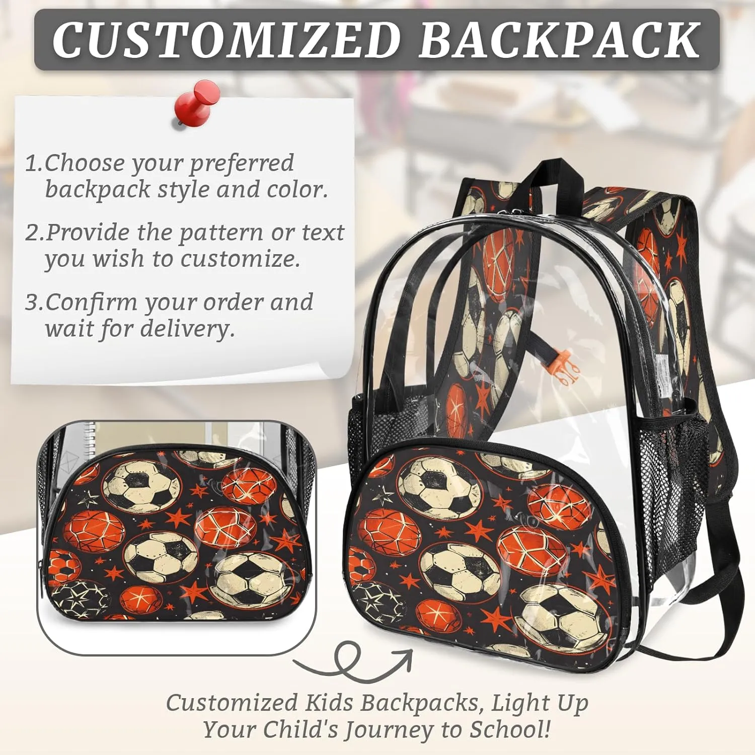 KOBLEN Ball Star Dark Pattern 14.2 Inch Clear Backpack, Heavy Duty Transparent PVC Daypack with Adjustable Padded Straps, Large Capacity Clear Bag for Festival, Concerts, Travel