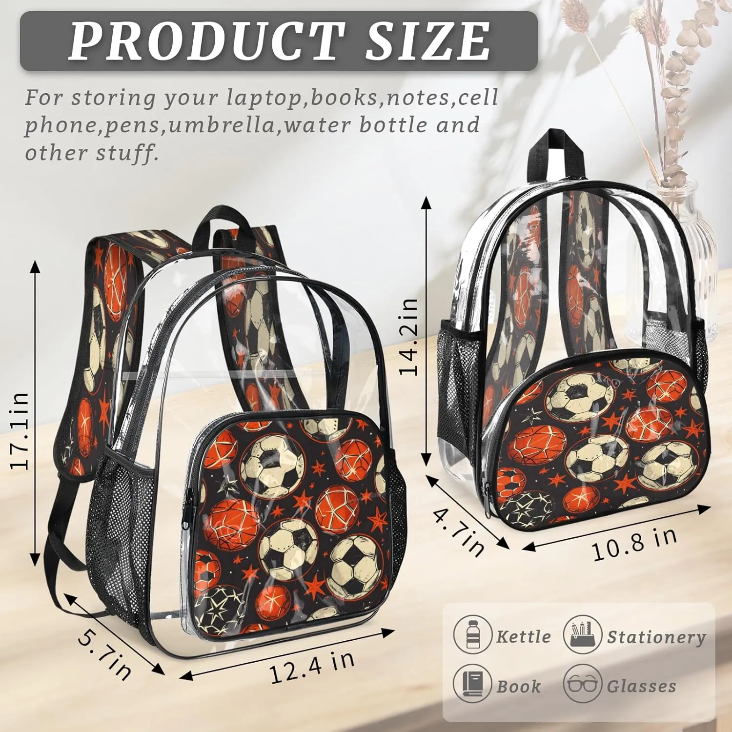 KOBLEN Ball Star Dark Pattern 14.2 Inch Clear Backpack, Heavy Duty Transparent PVC Daypack with Adjustable Padded Straps, Large Capacity Clear Bag for Festival, Concerts, Travel