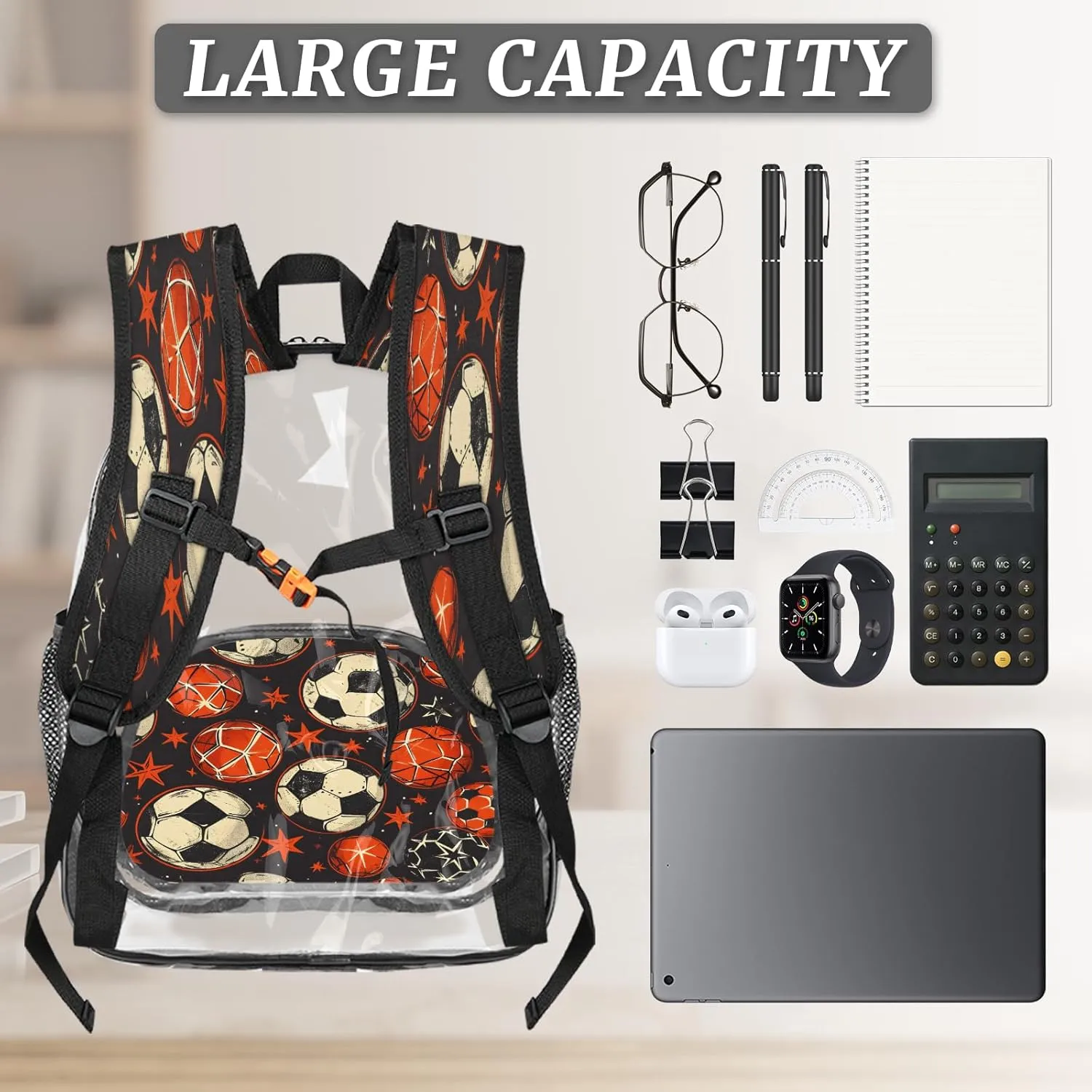 KOBLEN Ball Star Dark Pattern 14.2 Inch Clear Backpack, Heavy Duty Transparent PVC Daypack with Adjustable Padded Straps, Large Capacity Clear Bag for Festival, Concerts, Travel