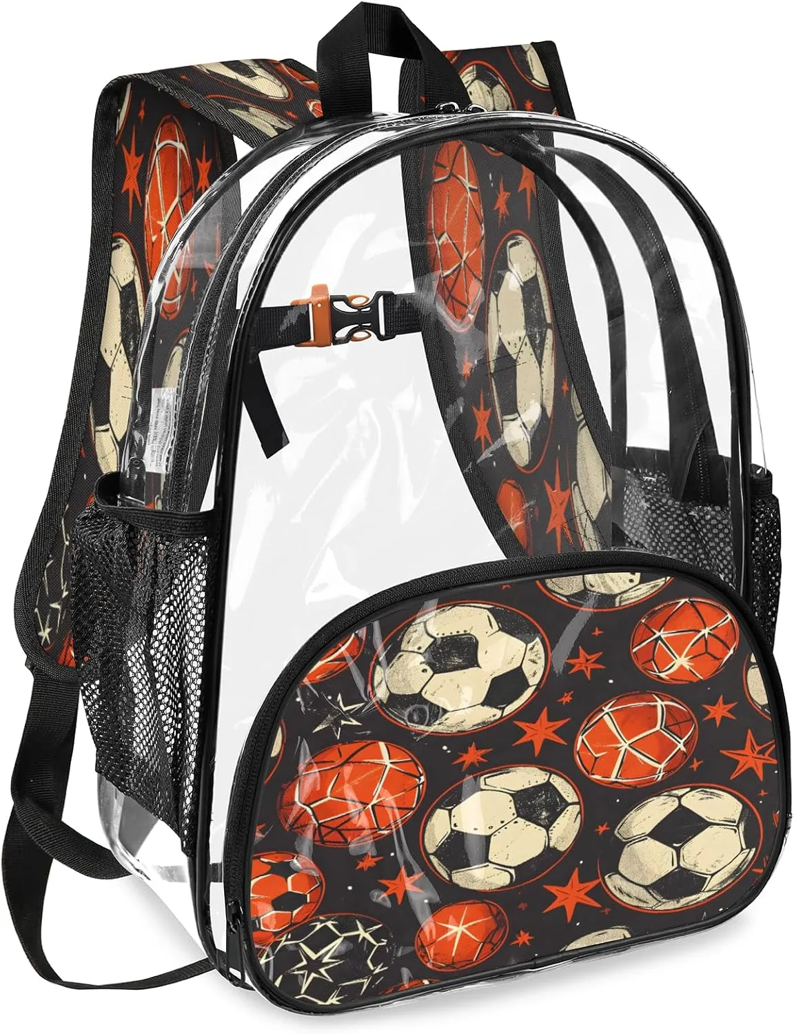KOBLEN Ball Star Dark Pattern 14.2 Inch Clear Backpack, Heavy Duty Transparent PVC Daypack with Adjustable Padded Straps, Large Capacity Clear Bag for Festival, Concerts, Travel