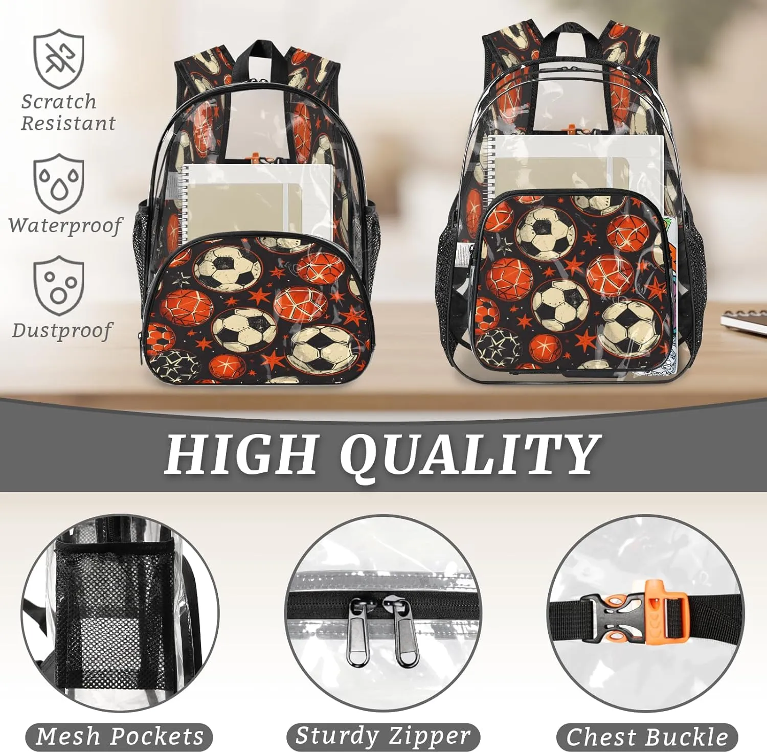 KOBLEN Ball Star Dark Pattern 14.2 Inch Clear Backpack, Heavy Duty Transparent PVC Daypack with Adjustable Padded Straps, Large Capacity Clear Bag for Festival, Concerts, Travel