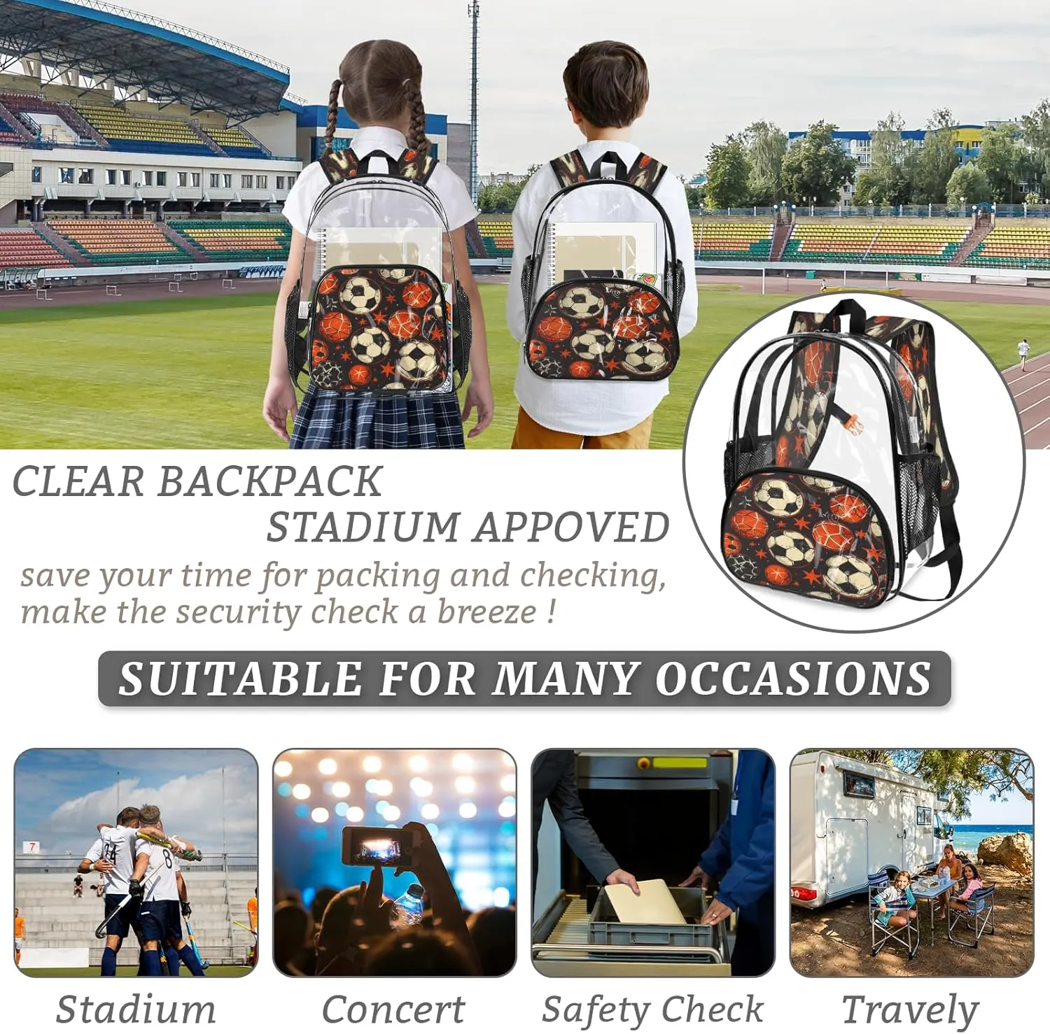 KOBLEN Ball Star Dark Pattern 14.2 Inch Clear Backpack, Heavy Duty Transparent PVC Daypack with Adjustable Padded Straps, Large Capacity Clear Bag for Festival, Concerts, Travel