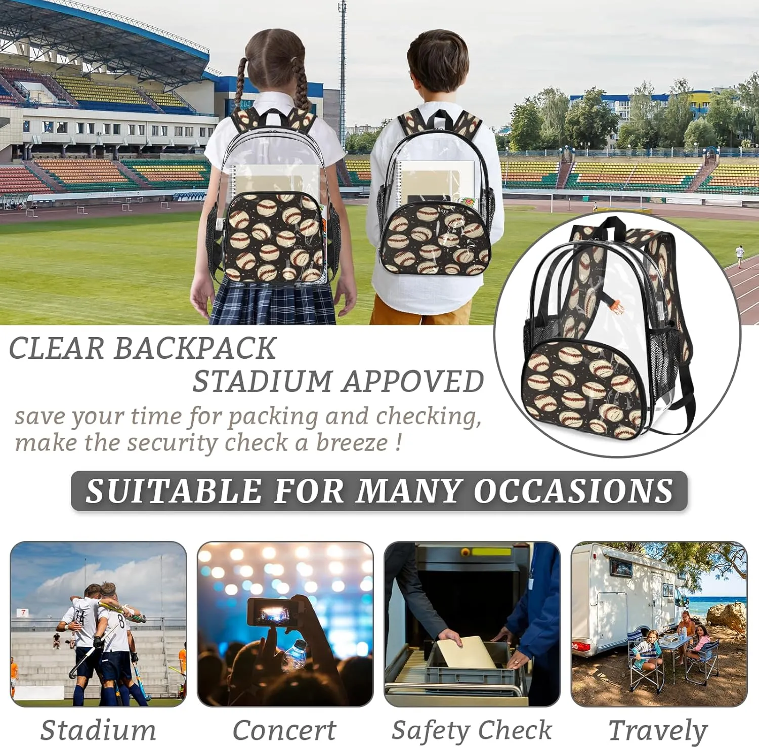 KOBLEN Baseball Vintage 17.1 Inch Clear Backpack, Heavy Duty Transparent PVC Daypack with Adjustable Padded Straps, Large Capacity Clear Bag for Festival, Concerts, Travel