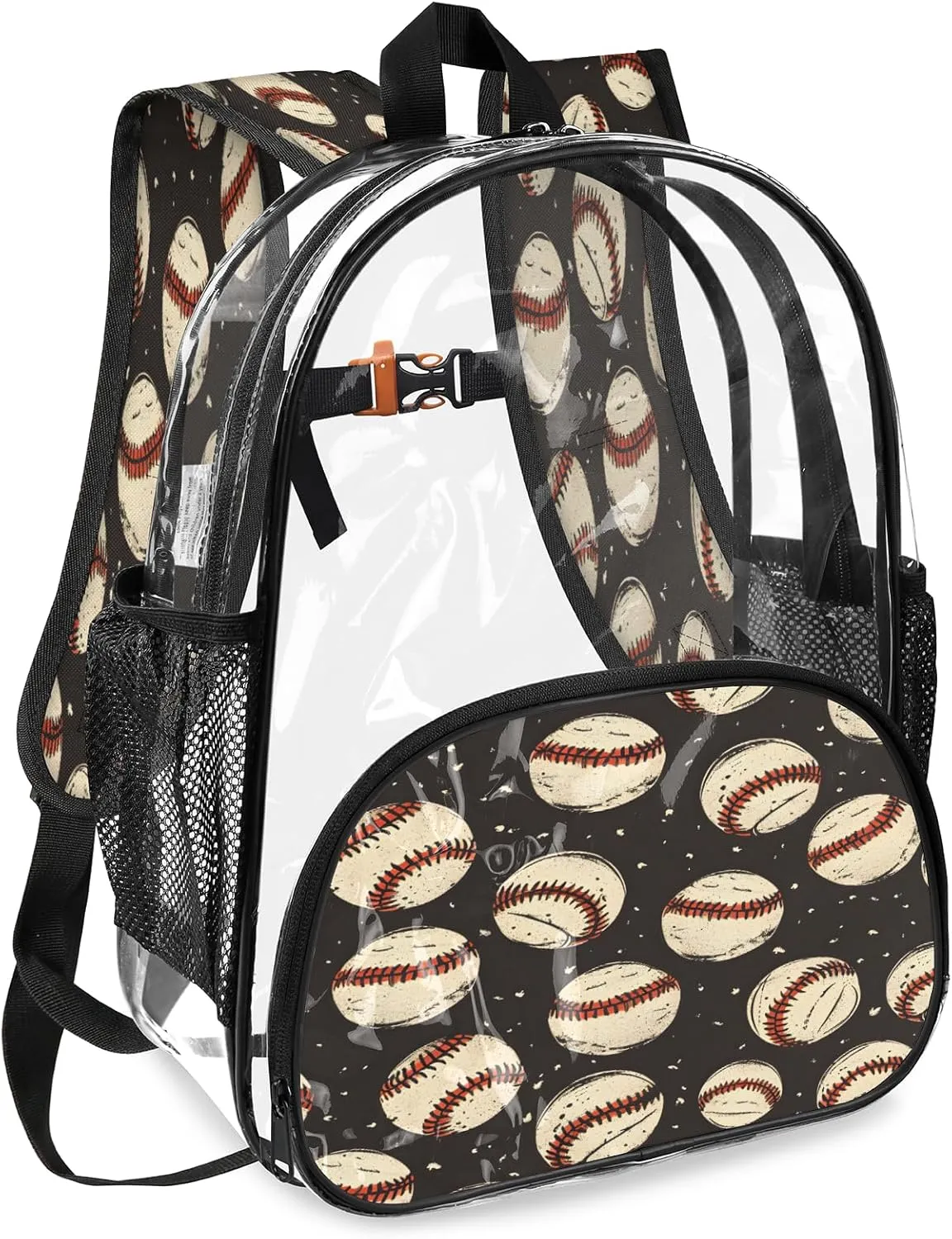 KOBLEN Baseball Vintage 17.1 Inch Clear Backpack, Heavy Duty Transparent PVC Daypack with Adjustable Padded Straps, Large Capacity Clear Bag for Festival, Concerts, Travel
