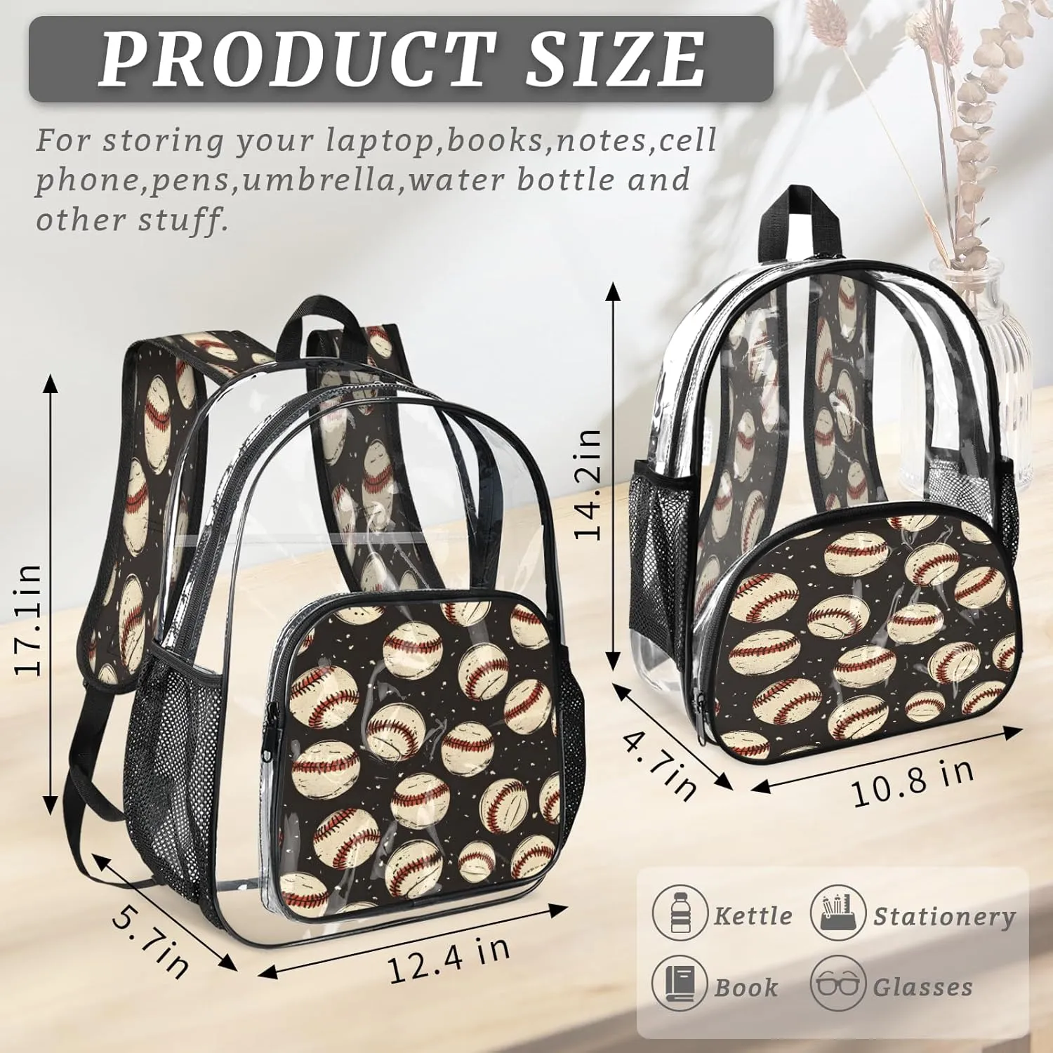 KOBLEN Baseball Vintage 17.1 Inch Clear Backpack, Heavy Duty Transparent PVC Daypack with Adjustable Padded Straps, Large Capacity Clear Bag for Festival, Concerts, Travel