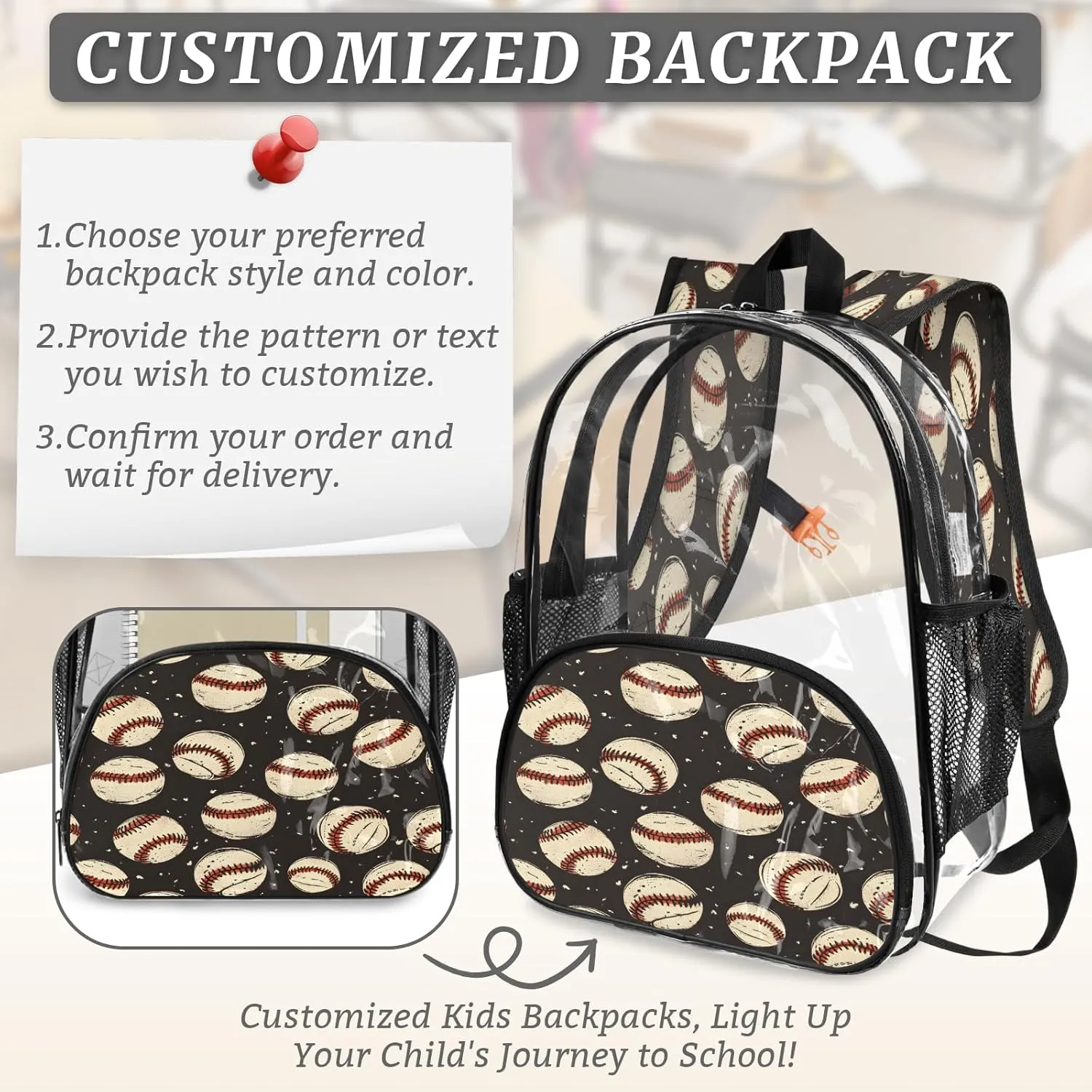 KOBLEN Baseball Vintage 17.1 Inch Clear Backpack, Heavy Duty Transparent PVC Daypack with Adjustable Padded Straps, Large Capacity Clear Bag for Festival, Concerts, Travel