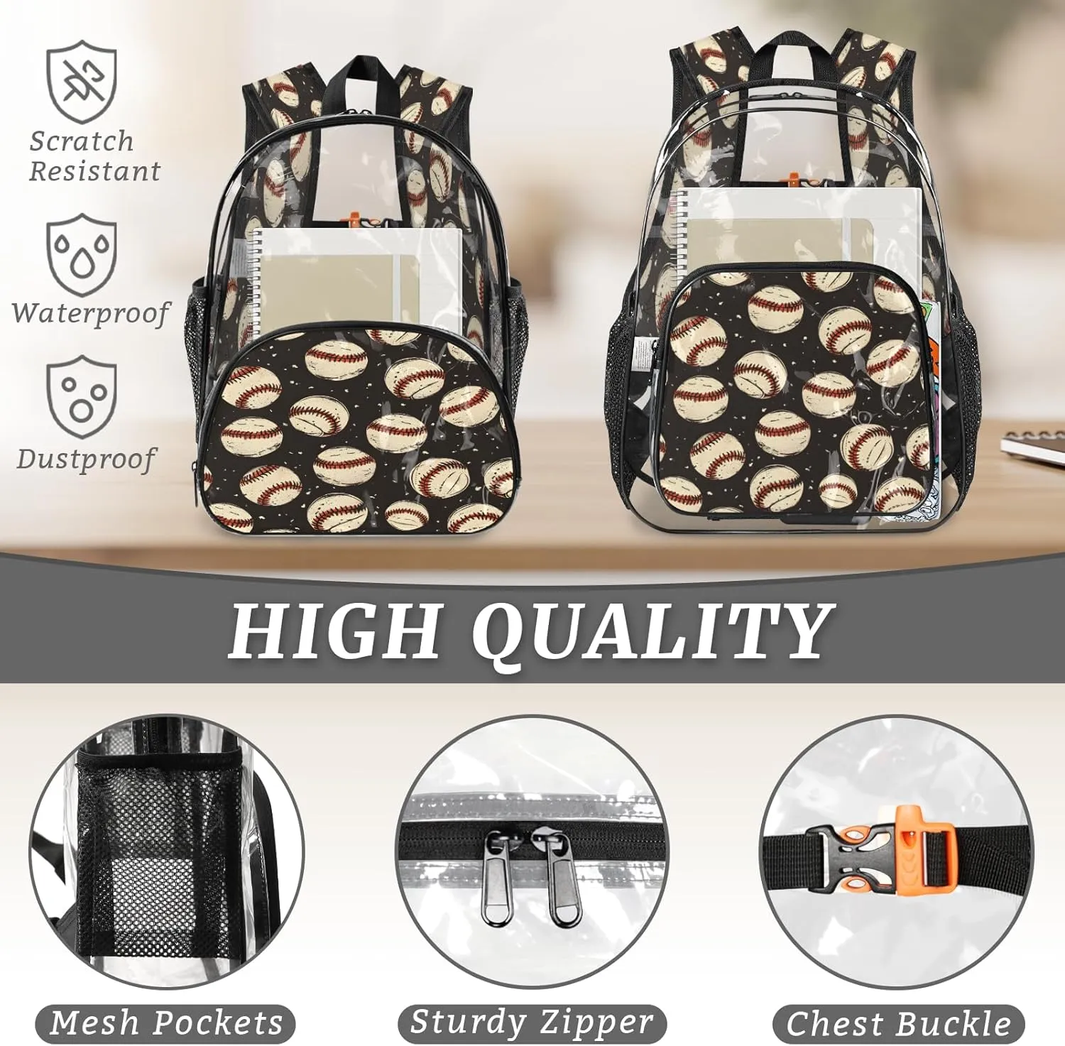 KOBLEN Baseball Vintage 17.1 Inch Clear Backpack, Heavy Duty Transparent PVC Daypack with Adjustable Padded Straps, Large Capacity Clear Bag for Festival, Concerts, Travel