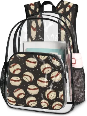 KOBLEN Baseball Vintage 17.1 Inch Clear Backpack, Heavy Duty Transparent PVC Daypack with Adjustable Padded Straps, Large Capacity Clear Bag for Festival, Concerts, Travel