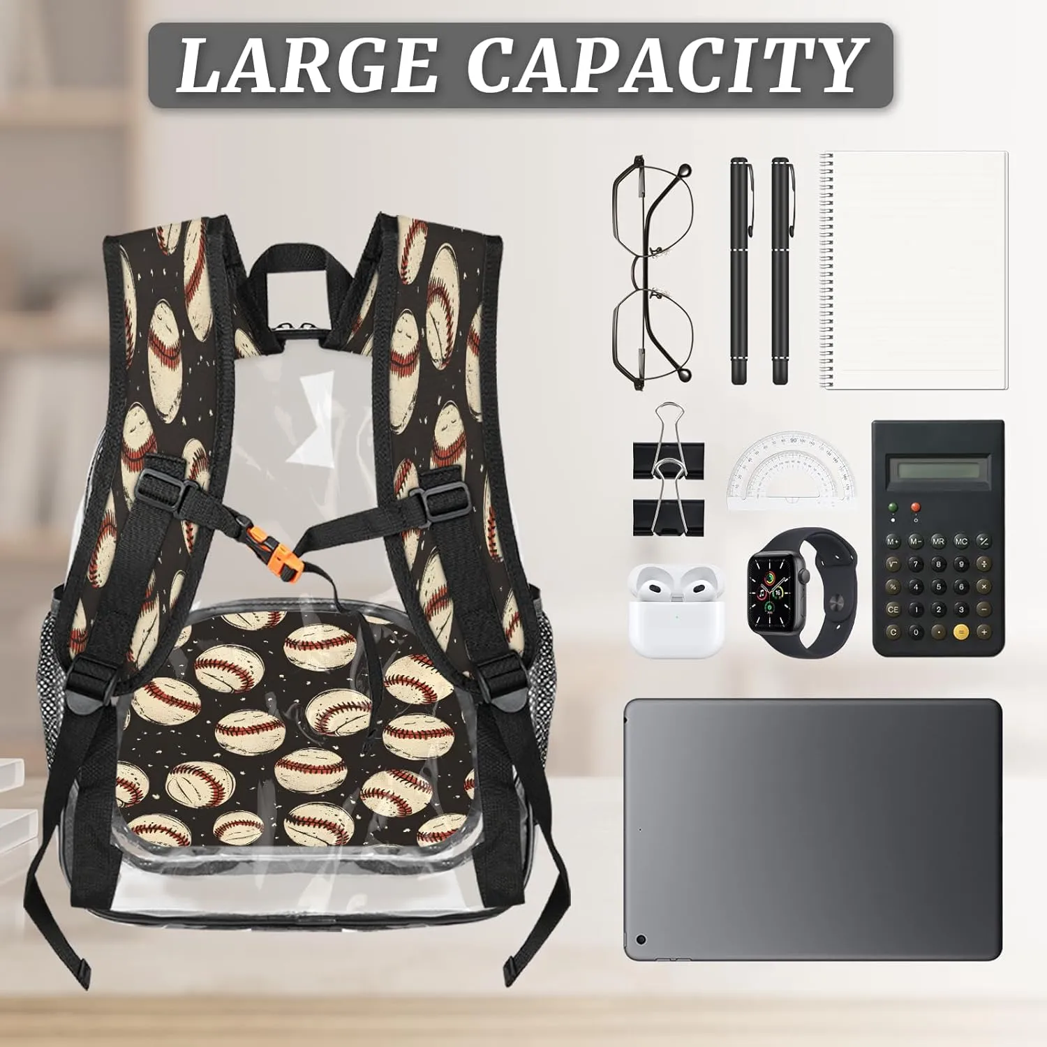 KOBLEN Baseball Vintage 17.1 Inch Clear Backpack, Heavy Duty Transparent PVC Daypack with Adjustable Padded Straps, Large Capacity Clear Bag for Festival, Concerts, Travel