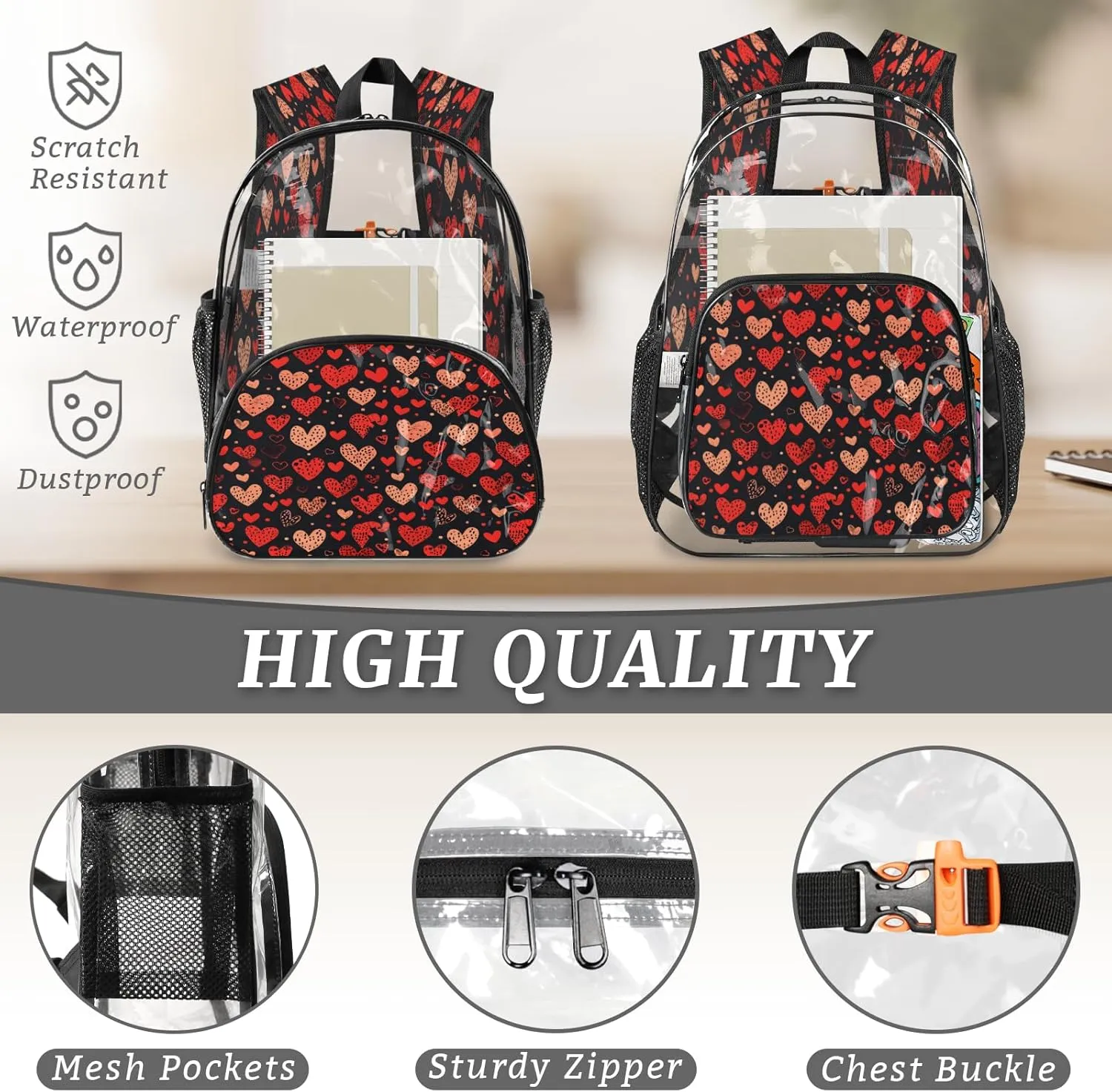 KOBLEN Black Hearts Array 14.2 Inch Clear Backpack, Heavy Duty Transparent PVC Daypack with Adjustable Padded Straps, Large Capacity Clear Bag for Festival, Concerts, Travel