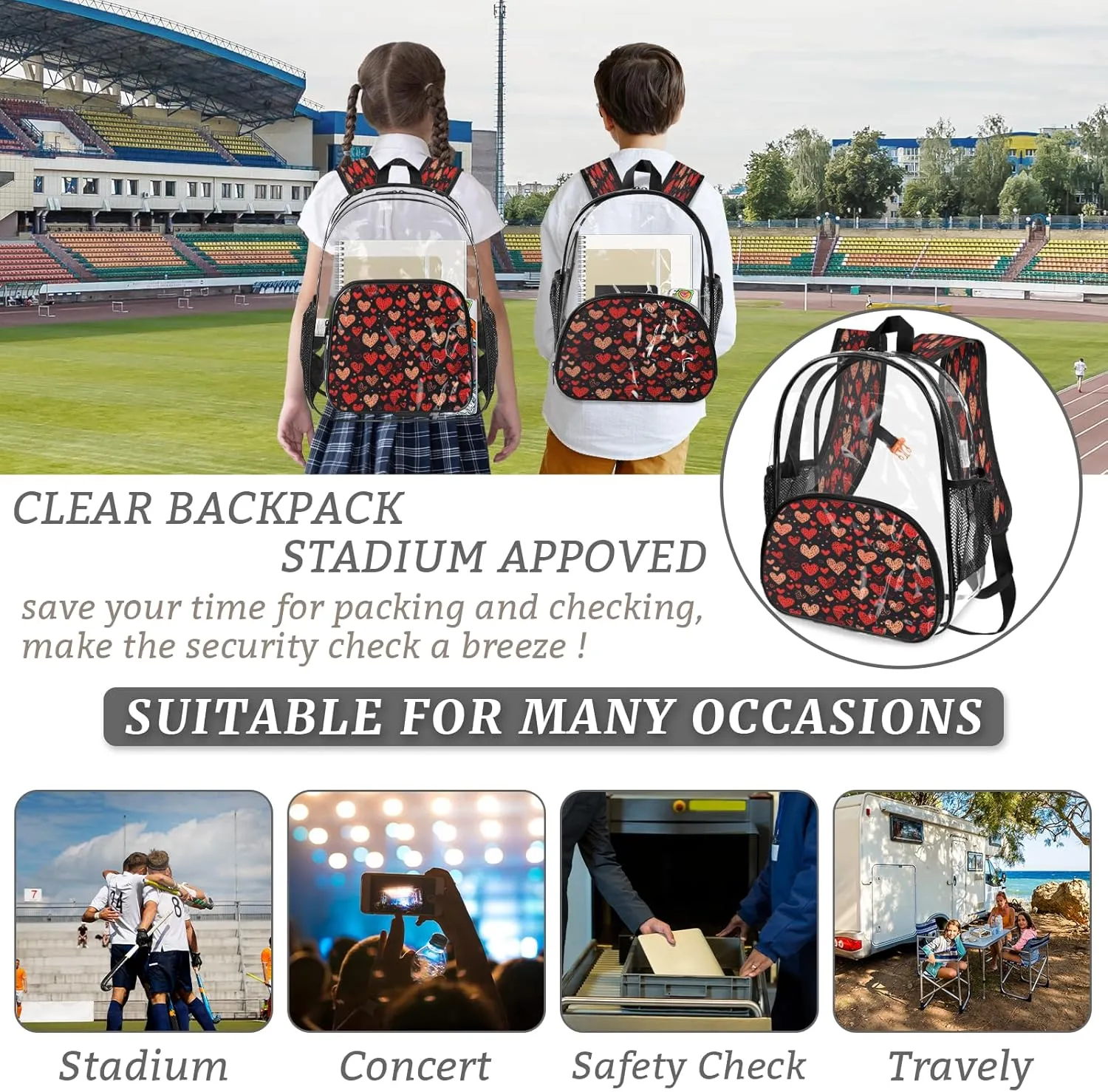 KOBLEN Black Hearts Array 14.2 Inch Clear Backpack, Heavy Duty Transparent PVC Daypack with Adjustable Padded Straps, Large Capacity Clear Bag for Festival, Concerts, Travel