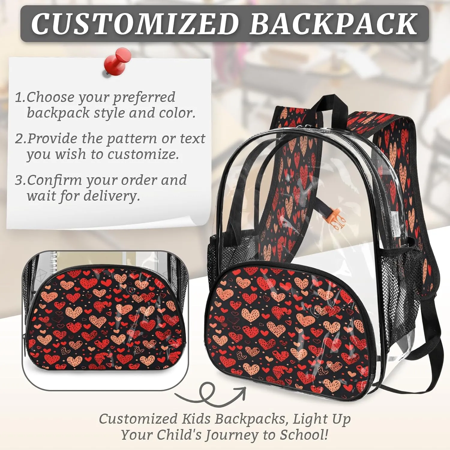 KOBLEN Black Hearts Array 14.2 Inch Clear Backpack, Heavy Duty Transparent PVC Daypack with Adjustable Padded Straps, Large Capacity Clear Bag for Festival, Concerts, Travel