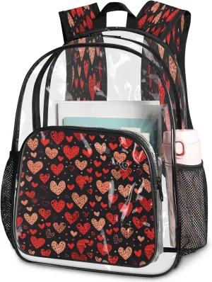 KOBLEN Black Hearts Array 14.2 Inch Clear Backpack, Heavy Duty Transparent PVC Daypack with Adjustable Padded Straps, Large Capacity Clear Bag for Festival, Concerts, Travel