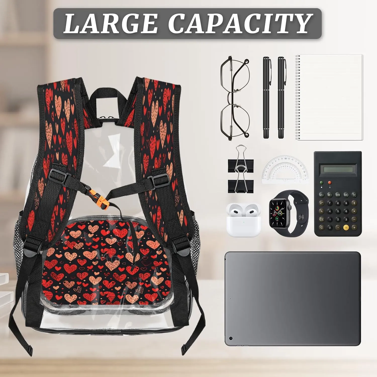 KOBLEN Black Hearts Array 14.2 Inch Clear Backpack, Heavy Duty Transparent PVC Daypack with Adjustable Padded Straps, Large Capacity Clear Bag for Festival, Concerts, Travel